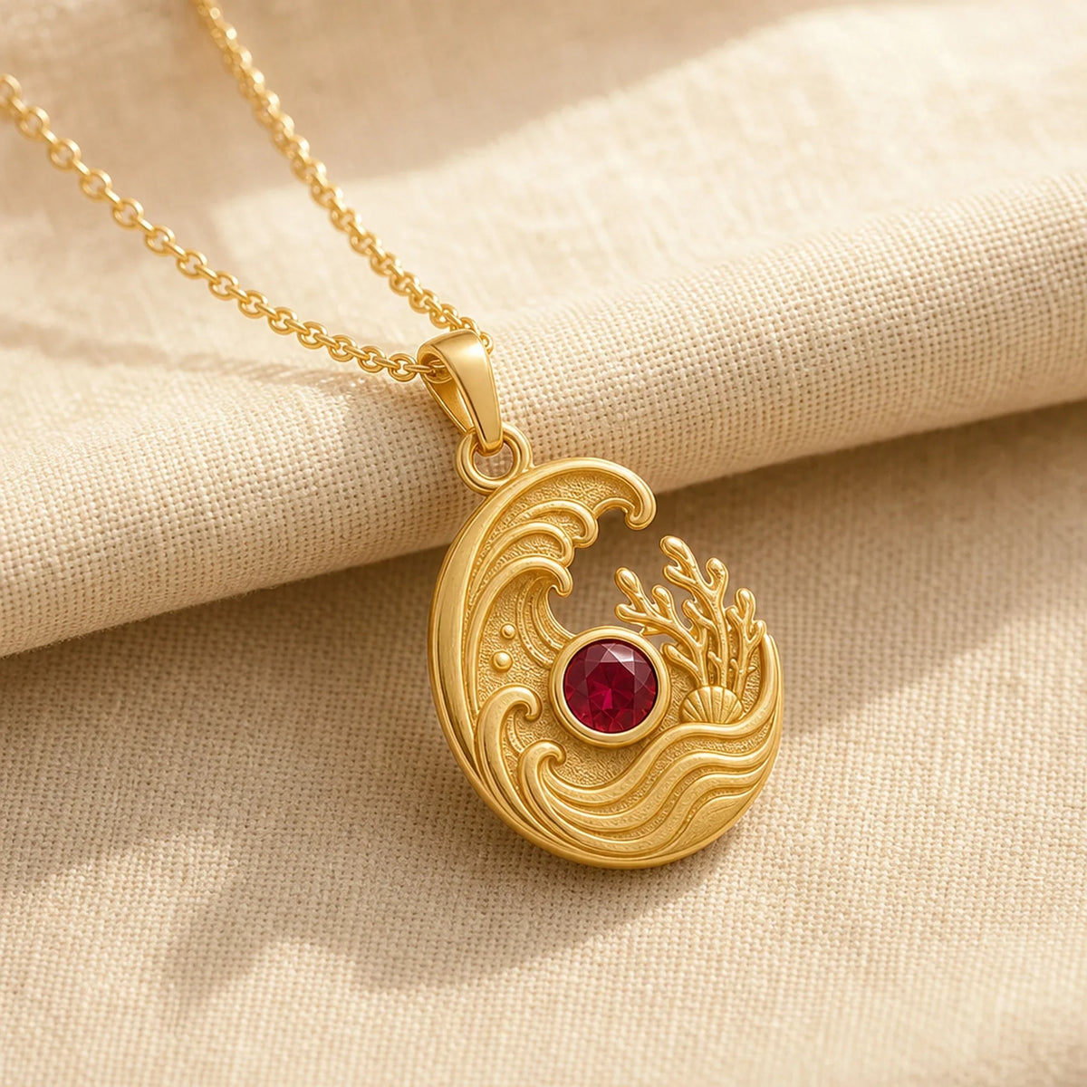 Sterling silver pendant with curling tide lines, small shell and round ruby center, evoking ocean movement