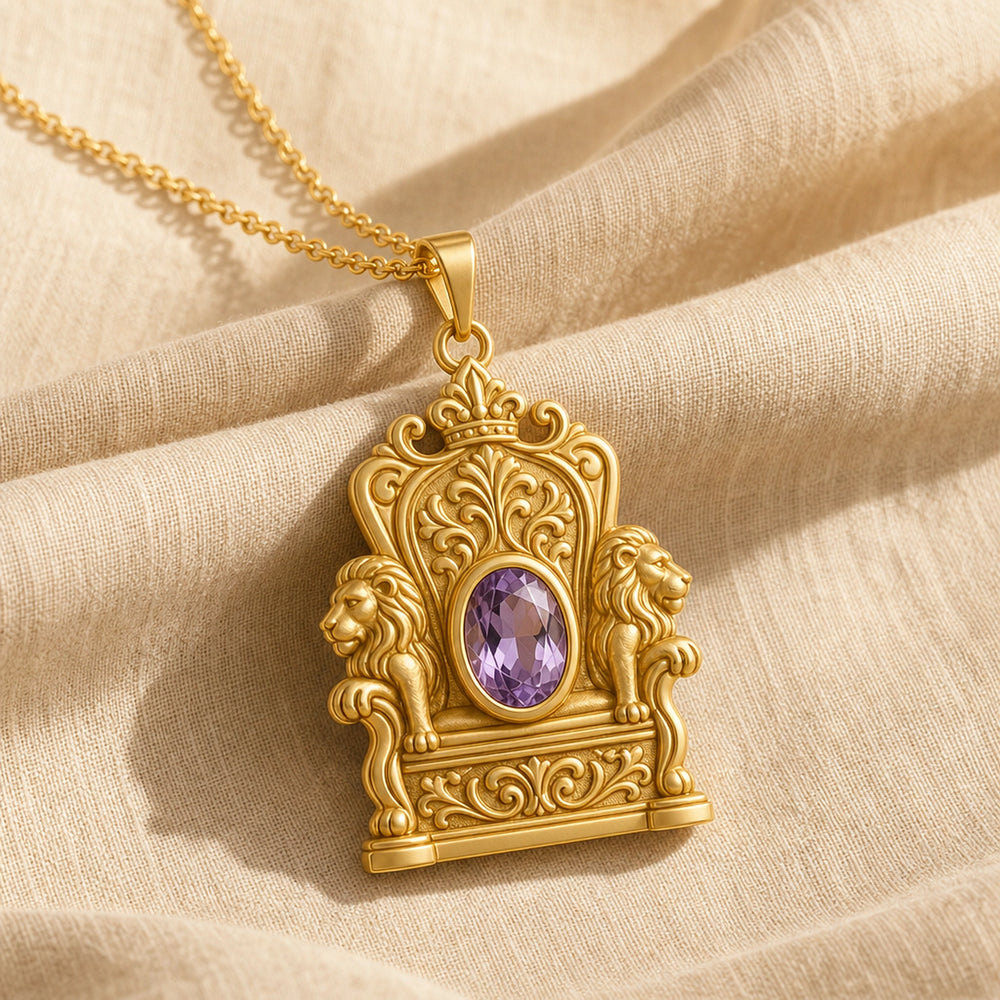 Light amethyst lion throne pendant in 925 sterling silver, featuring two sculpted lions beside an ornate throne and an oval faceted purple stone in a smooth bezel setting. Gold finish.