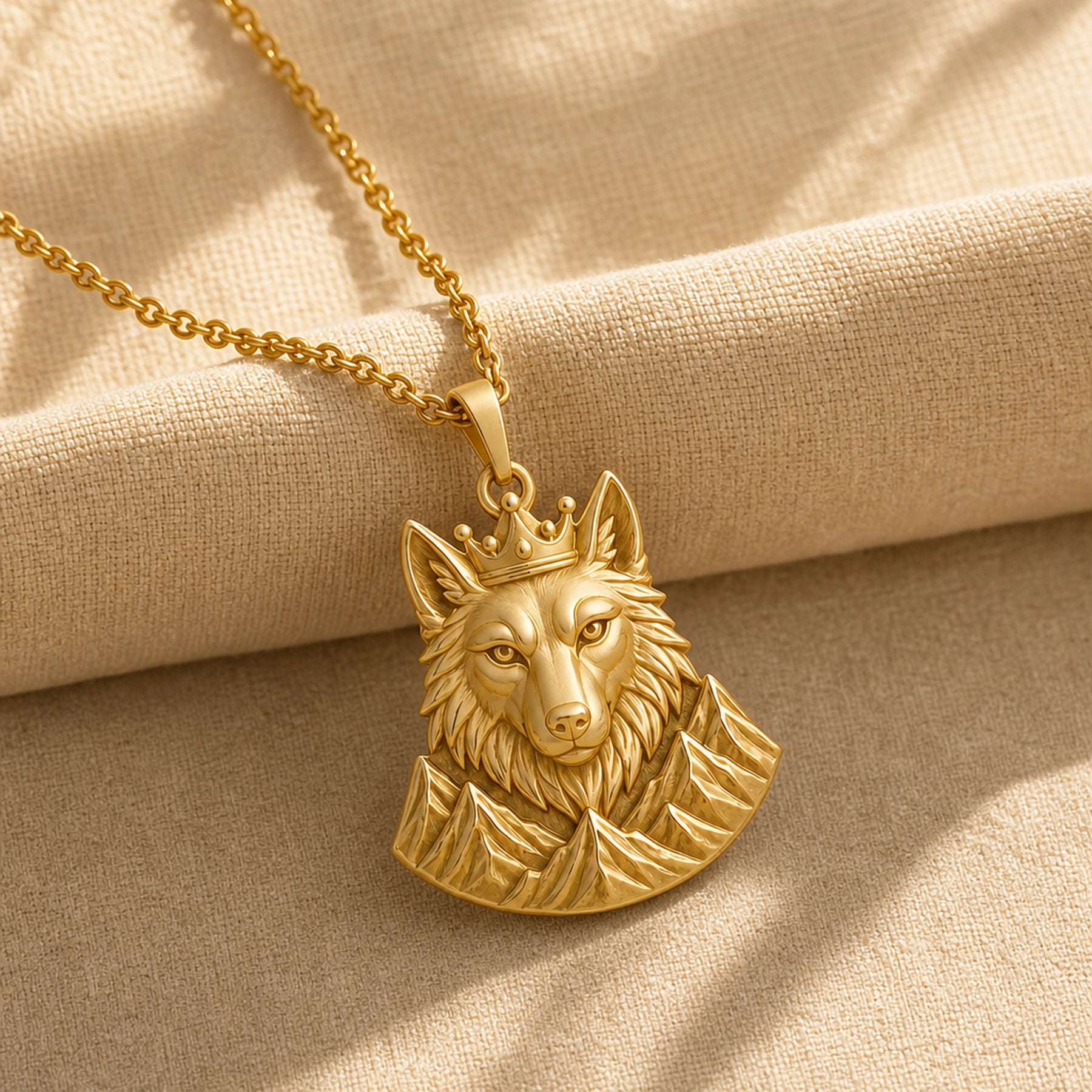 Crowned alpine wolf pendant in a warm yellow finish, showing a detailed wolf head, raised crown, and sculpted mountain relief beneath the bail. Gold finish.