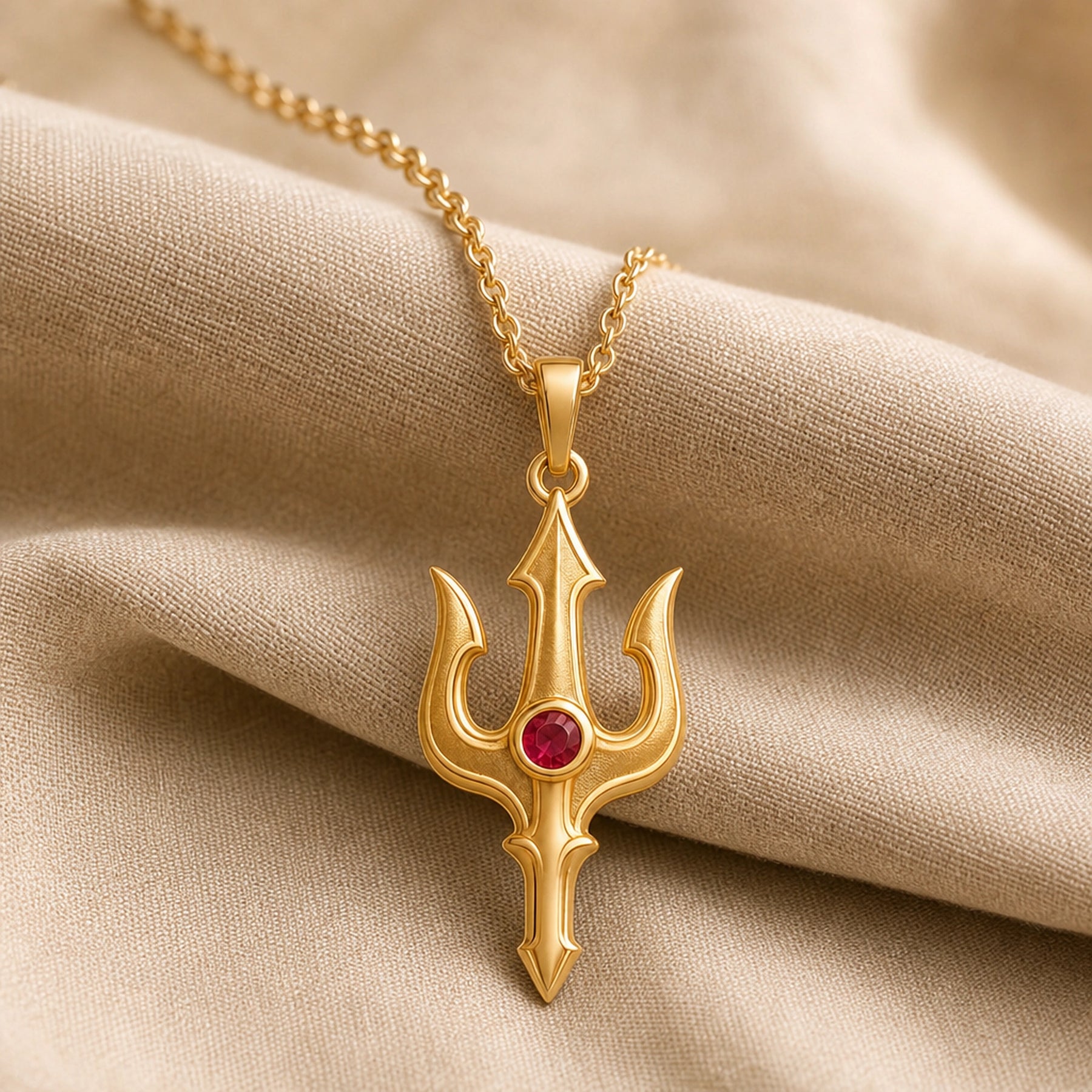 Ruby trident pendant necklace in 925 sterling silver with curved three-pronged relief design and a round vivid red center stone in a bezel-style setting. Gold finish.