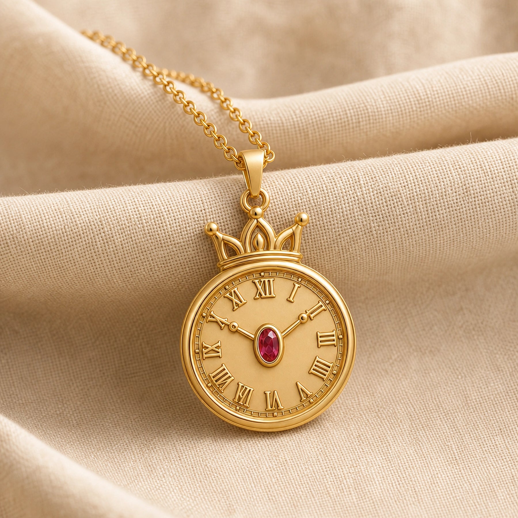 Ruby crowned Roman clock pendant with raised Roman numerals, ornate beaded clock border, sculpted crown, slim hands, and an oval ruby-red center stone in a bezel-style setting. Gold finish.
