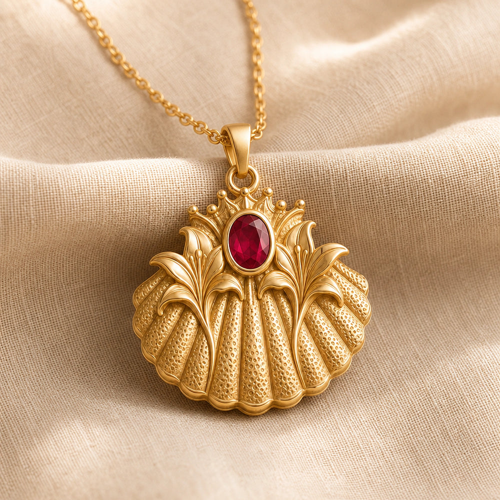 Crowned ruby lily shell pendant with raised lily petals, textured shell relief, crown detail, and an oval ruby-red stone in a smooth bezel-style setting. Gold finish.