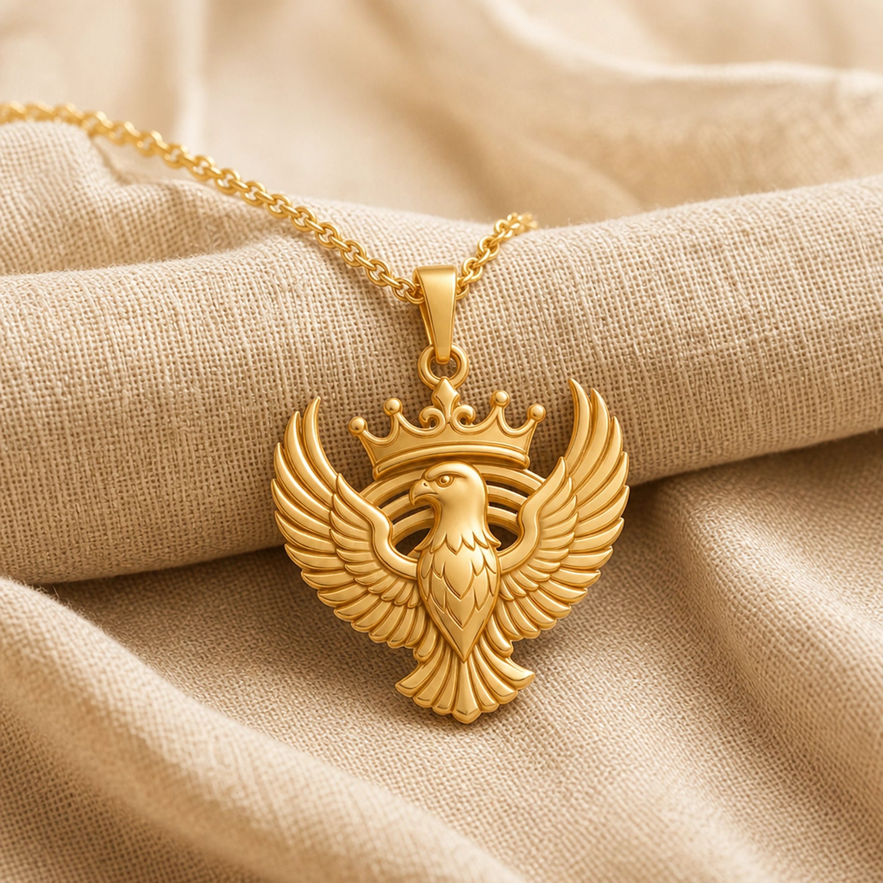 Crowned sky falcon pendant with wide spread wings, layered feather relief, a detailed bird head, sculpted crown, and warm-toned finish on a cable chain. Gold finish.