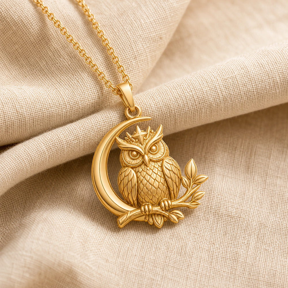 Moonbranch owl pendant in 925 sterling silver with a detailed feathered owl perched on a leafy branch, framed by a crescent moon and raised star accent. Gold finish.