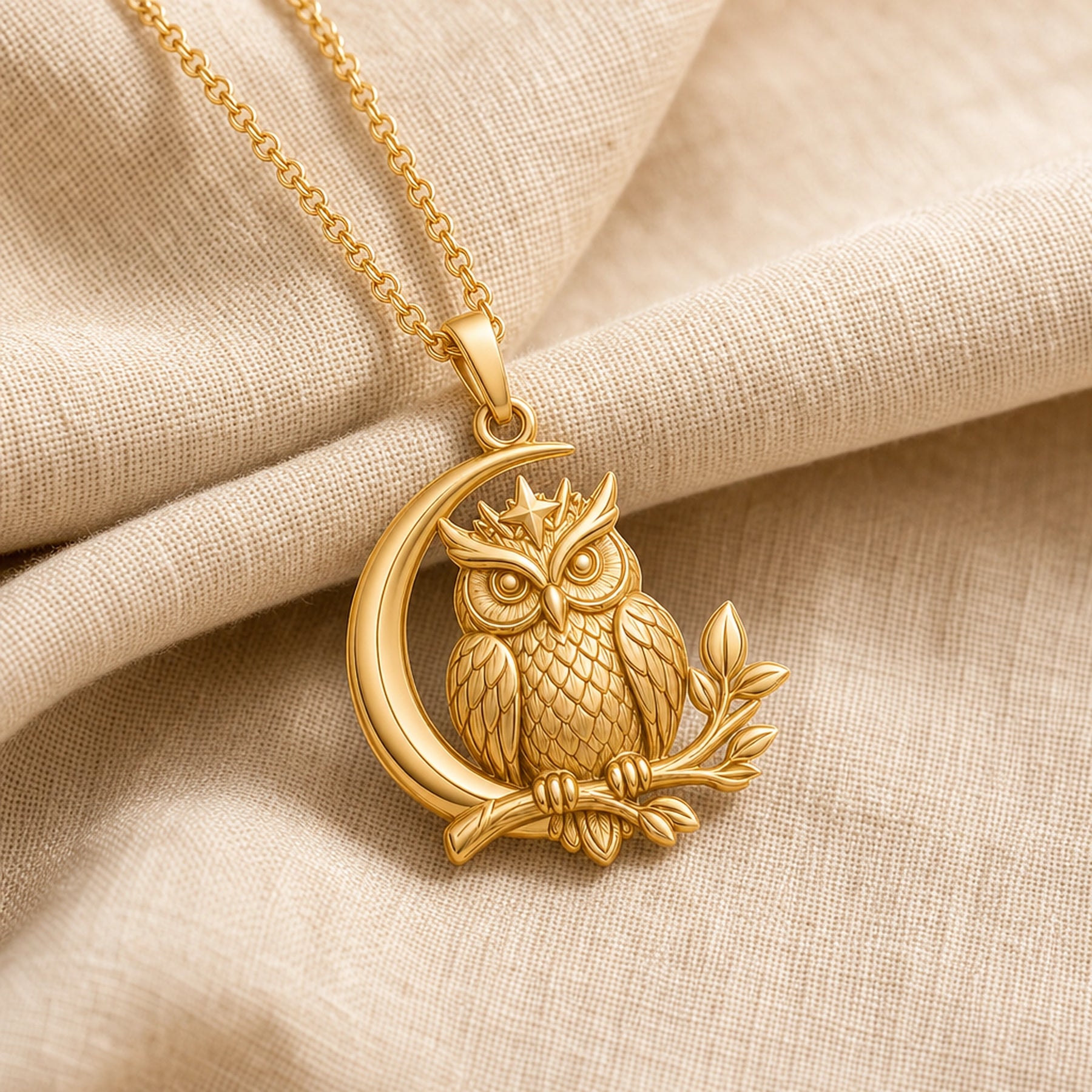 Moonbranch owl pendant in 925 sterling silver with a detailed feathered owl perched on a leafy branch, framed by a crescent moon and raised star accent. Gold finish.