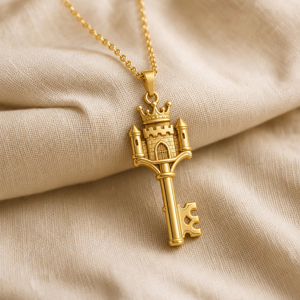 Crowned castle key pendant with raised brickwork, turreted towers, arched doorway, royal crown detail, and a polished warm-toned finish on a cable chain. Gold finish.