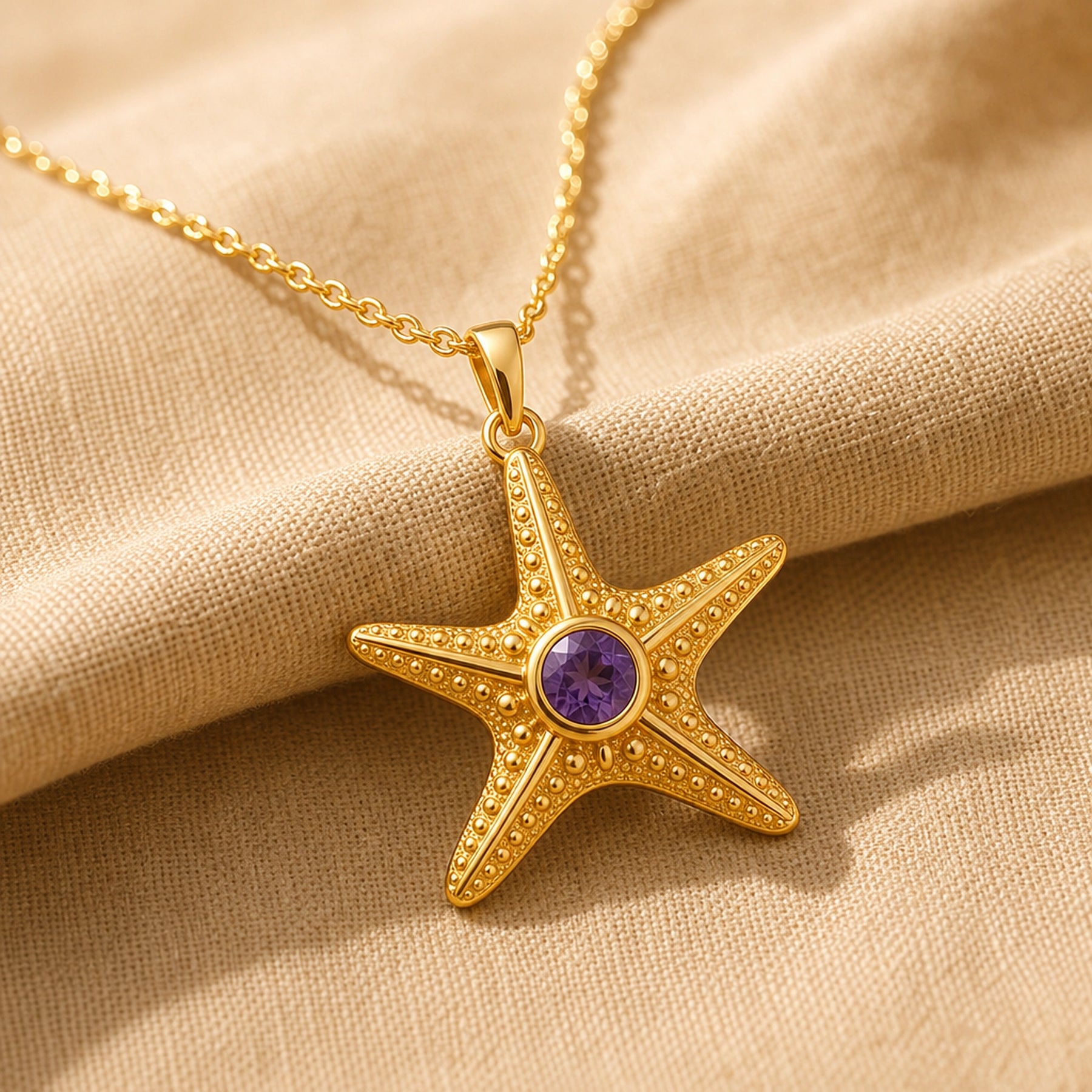 925 sterling silver five-arm starfish pendant with raised bead texture and a round purple amethyst centerpiece. Gold finish.