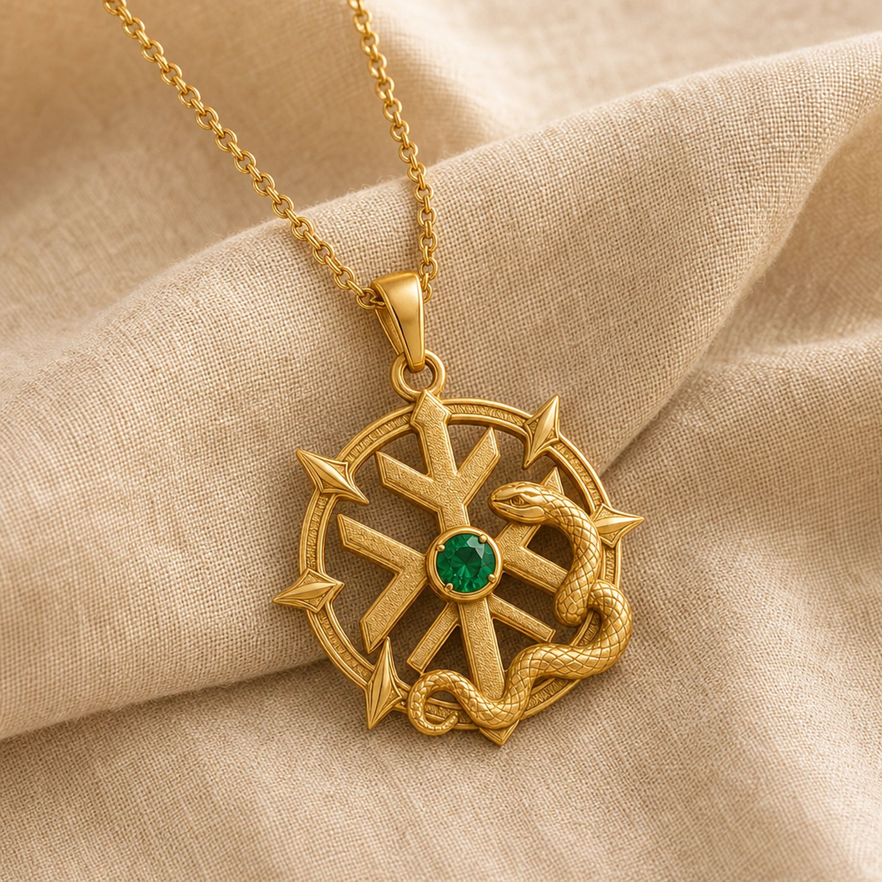 Imperial emerald elder rune snake pendant with a round green bezel-set stone, radiant sun-shaped rune design, and textured serpent relief surrounding the circular frame. Gold finish.