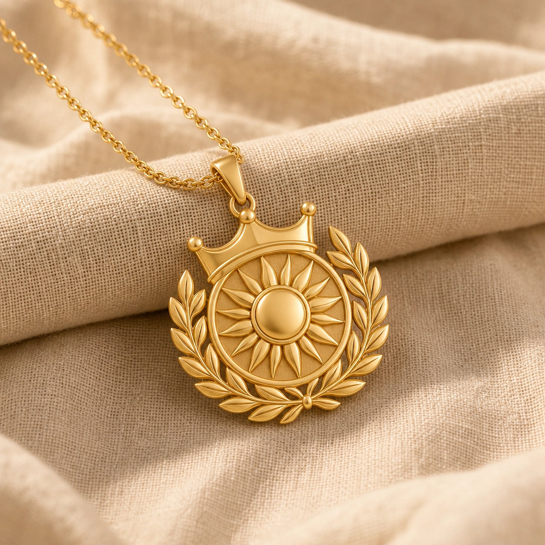 Royal sun laurel crown pendant with a raised sunburst center, polished circular medallion, detailed leaf wreath, and three-point crown on a cable chain. Gold finish.