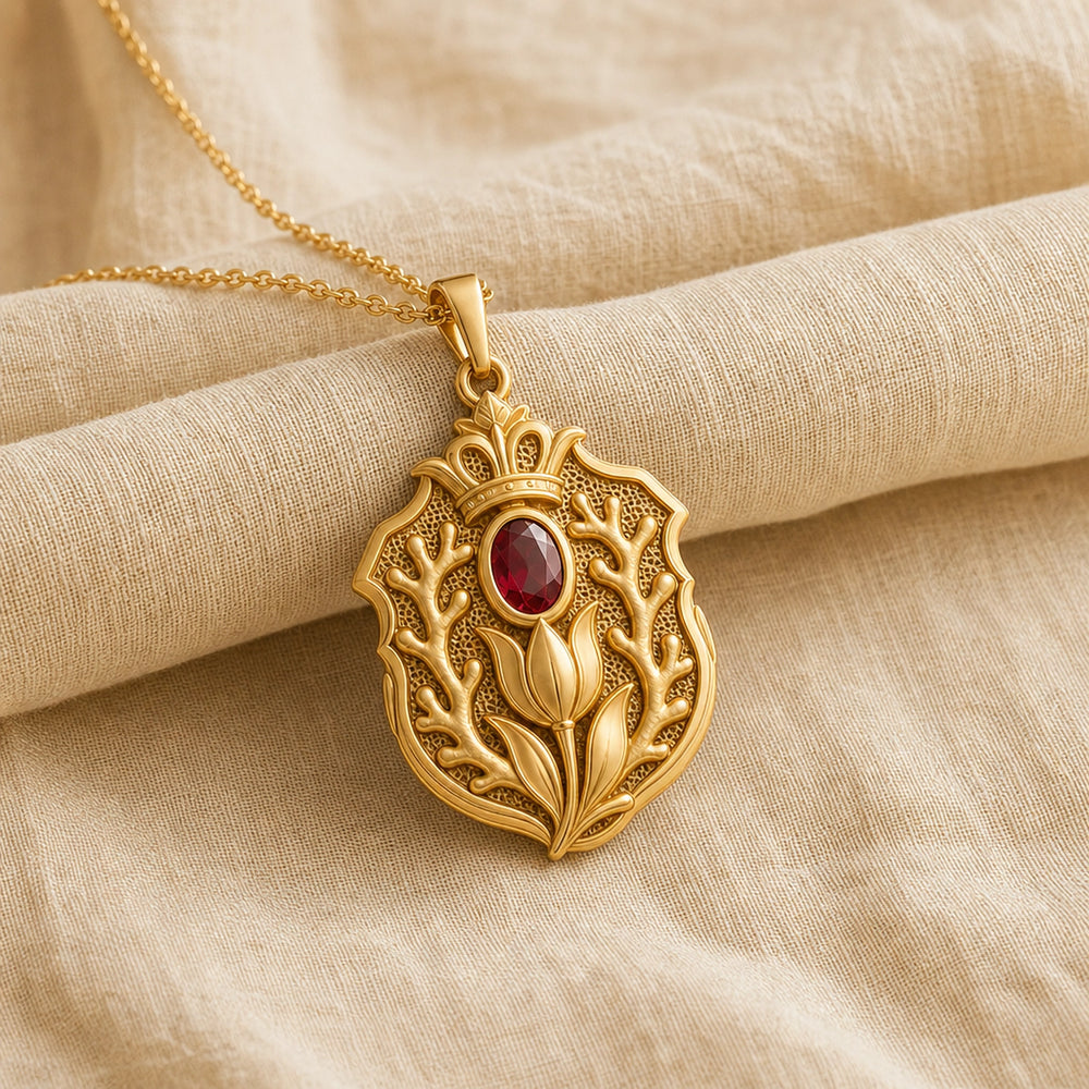 Imperial ruby sacred coral tulip pendant with a faceted deep-red oval stone in a smooth bezel setting, crowned detail, raised tulip bloom, and branching coral-inspired relief. Gold finish.