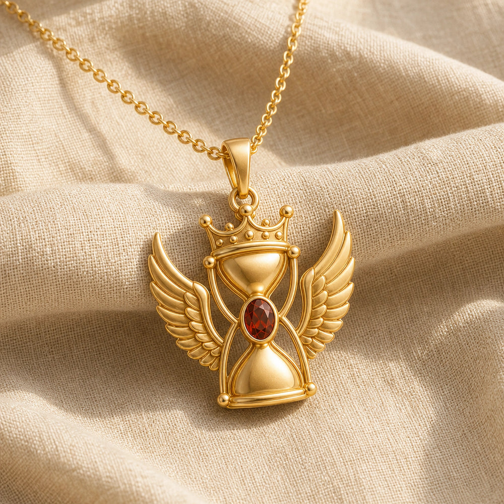 Crowned winged hourglass garnet pendant with layered feathered wings, raised crown detail, sculpted hourglass frame, and faceted deep red garnet centerpiece. Gold finish.