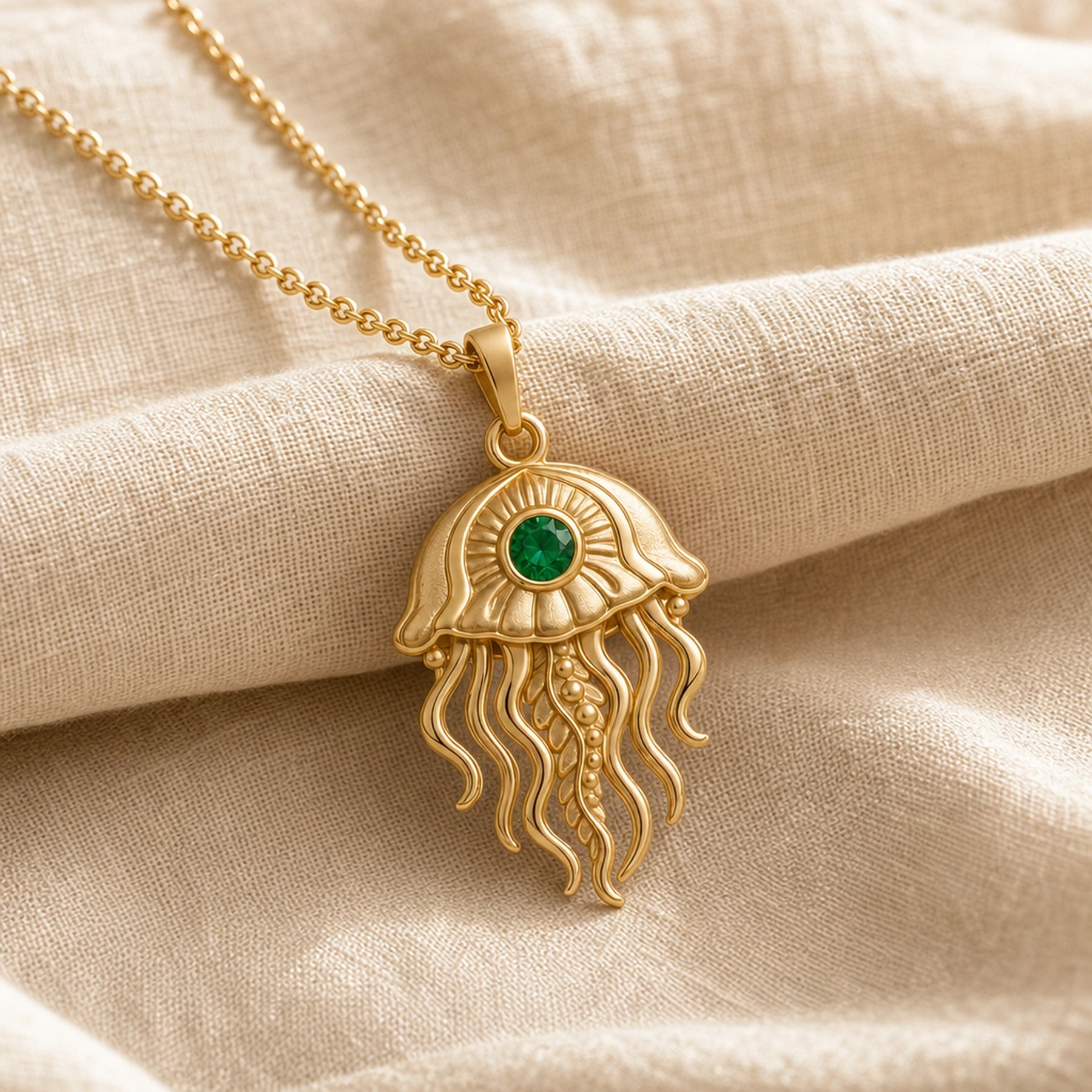 Emerald jellyfish pendant necklace with a round faceted green stone in a bezel-style setting, a textured domed bell, and flowing sculpted tentacles. Gold finish.