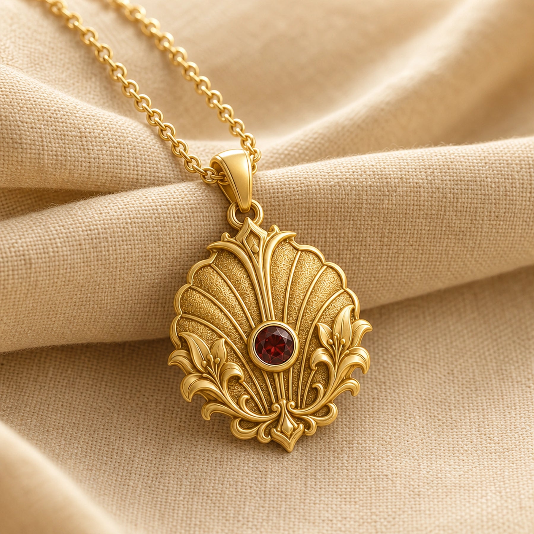 Imperial garnet lily shell pendant with a round deep-red stone in a smooth bezel, framed by raised lily flourishes and textured shell-like fan relief. Gold finish.
