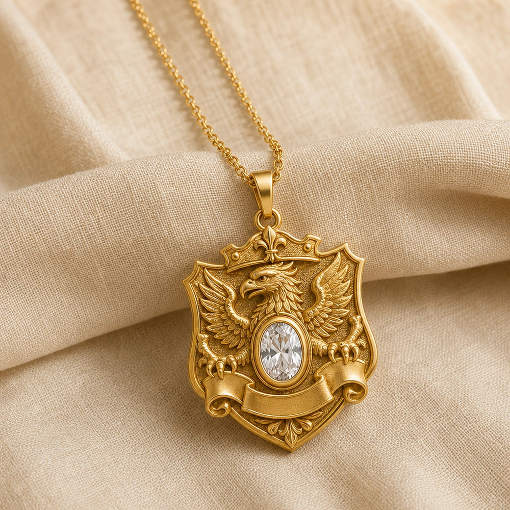 Crystal griffin crest pendant with a raised winged griffin, detailed shield and banner scroll, and a clear oval crystal in a smooth bezel-style setting. Gold finish.