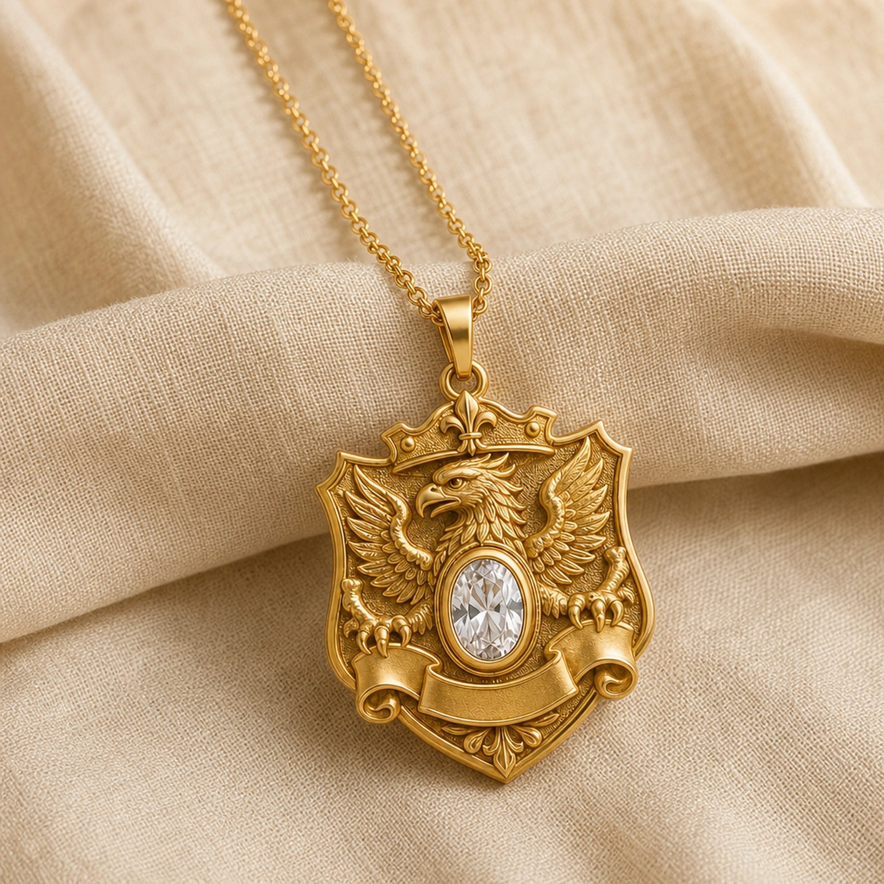 Crystal griffin crest pendant with a raised winged griffin, detailed shield and banner scroll, and a clear oval crystal in a smooth bezel-style setting. Gold finish.