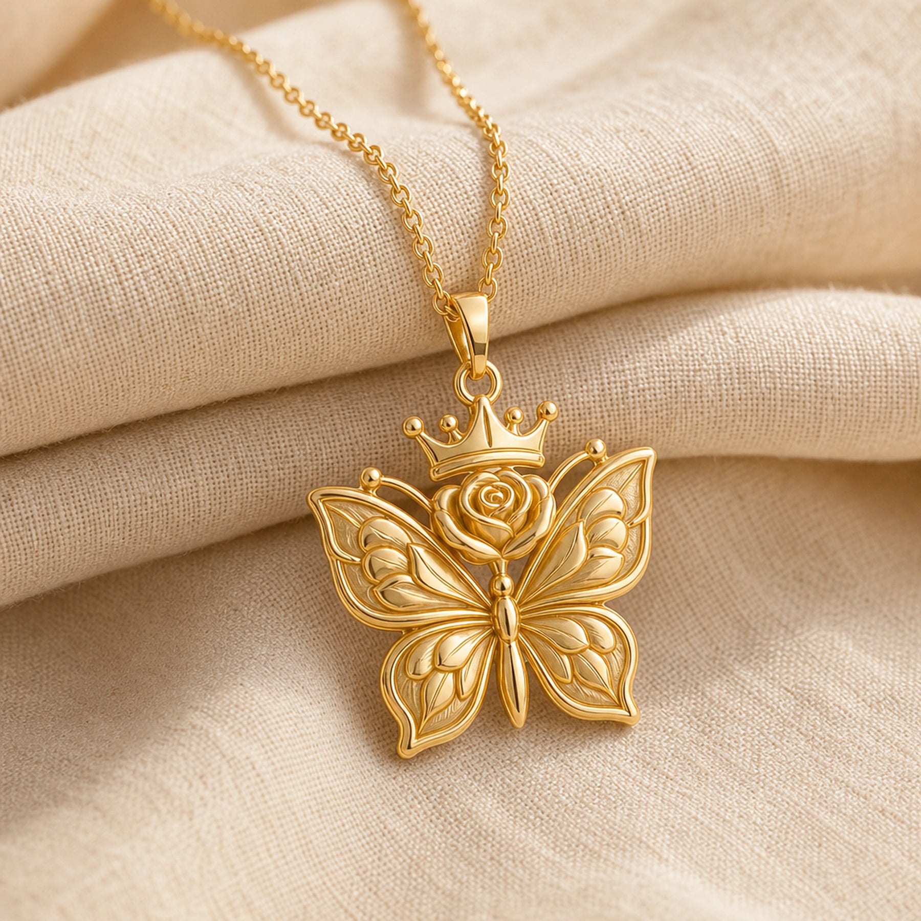 Rose-crowned butterfly pendant necklace with openwork textured wings, a raised floral rose, and a small crown above the butterfly in a warm polished finish. Gold finish.