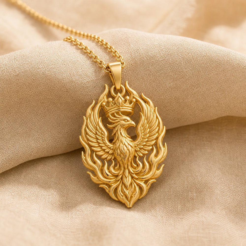 Imperial phoenix crown pendant with raised feathered wings, a detailed crowned bird, and flowing flame-like openwork in a polished sculptural finish. Gold finish.