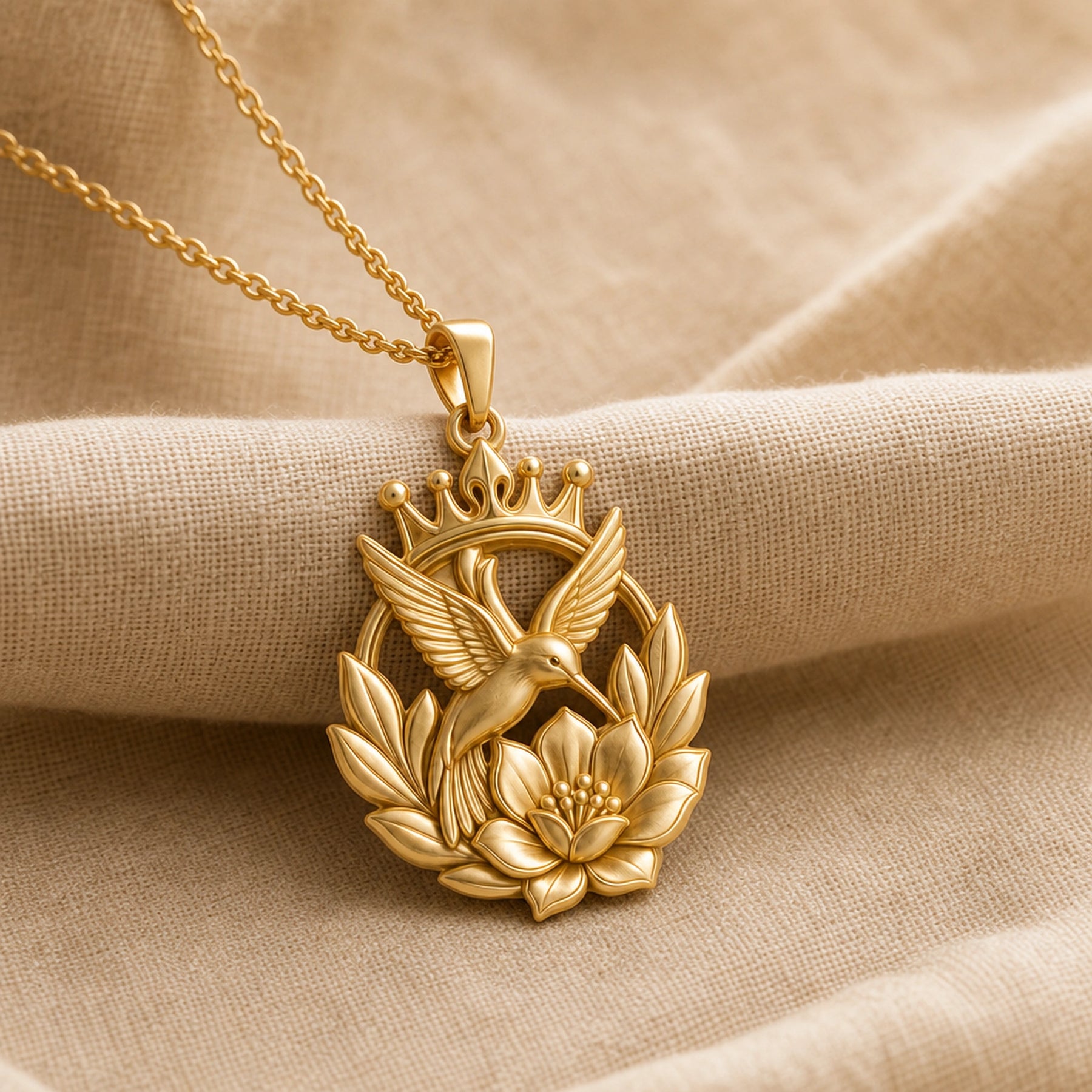Crownblossom hummingbird pendant necklace with a raised crown, detailed flying bird, open leaf wreath, and sculpted flower in a warm-toned finish. Gold finish.