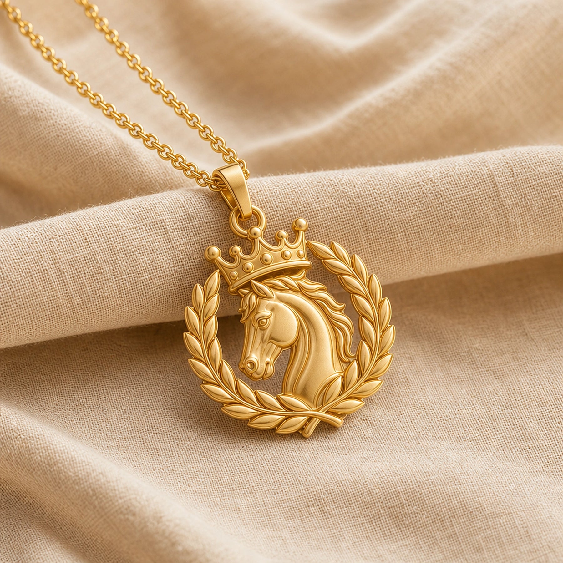 Imperial horse laurel crown pendant necklace with a sculpted horse head, ornate crown, detailed laurel wreath, raised relief, and warm yellow-toned finish on a cable chain. Gold finish.