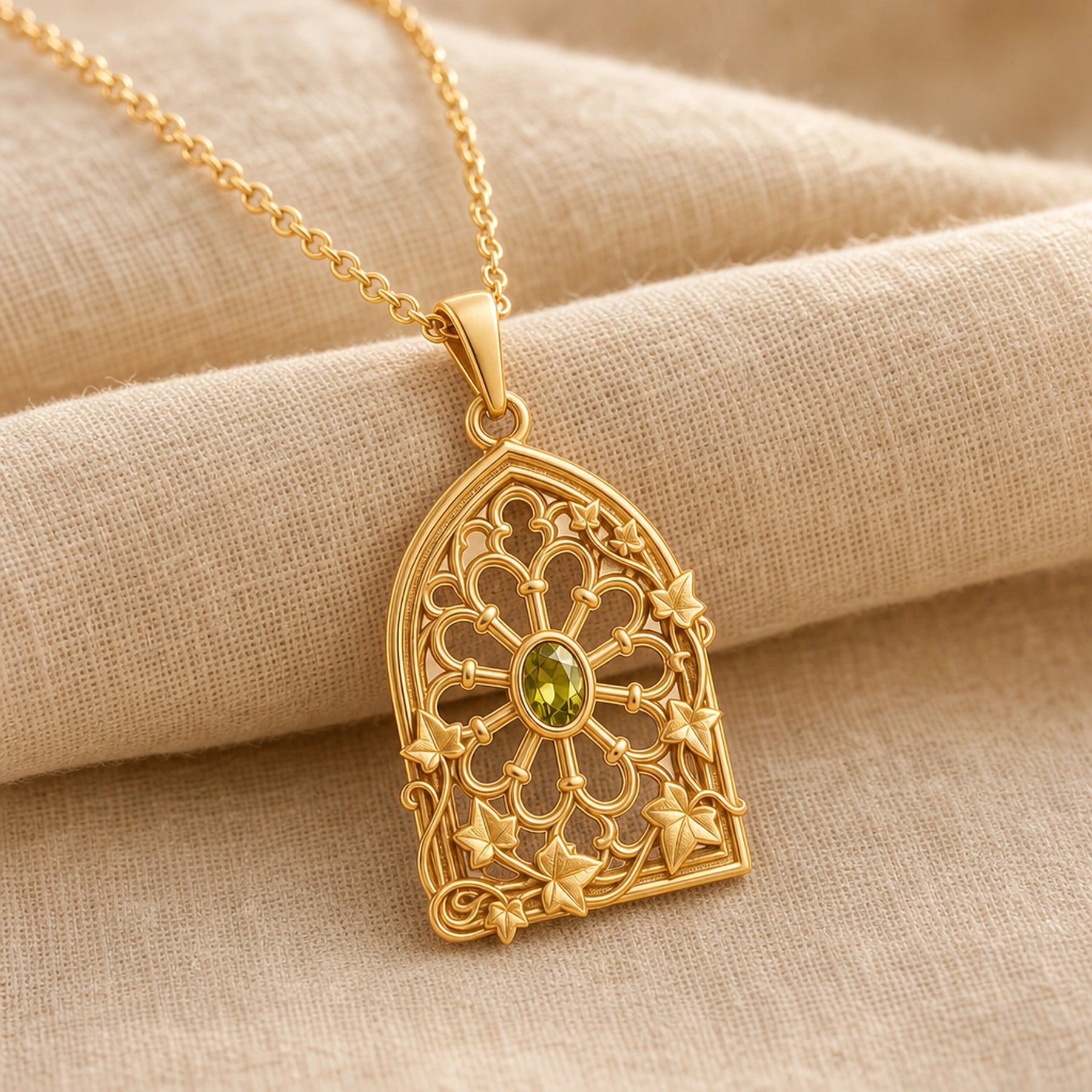 Peridot ivy rose window pendant with an oval green stone in a bezel setting, framed by openwork Gothic-style arches, floral tracery, and climbing ivy leaves. Gold finish.