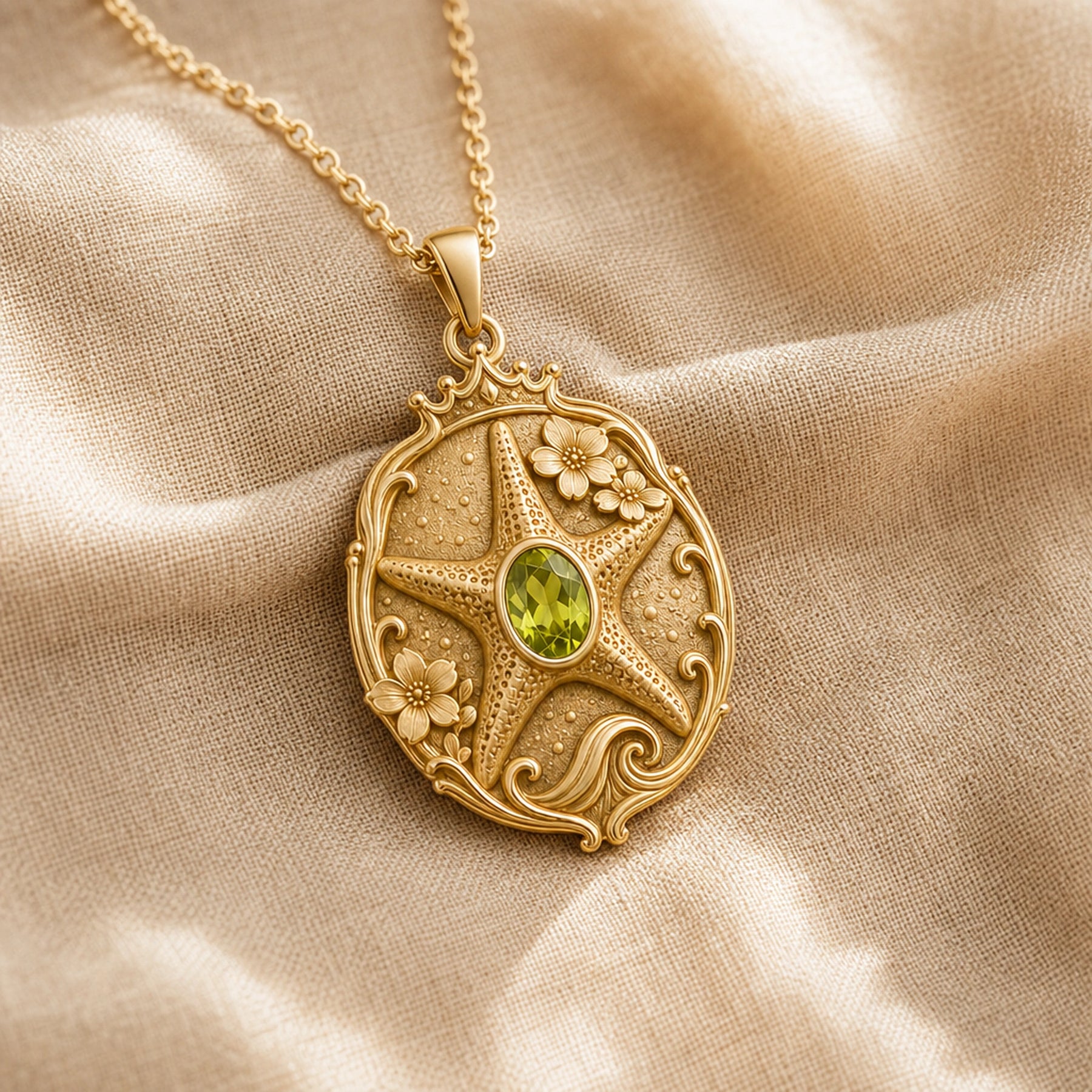 Ornate peridot Sakura starfish locket pendant with a raised textured starfish, small floral details, scrolling border and oval green stone in a bezel-style setting. Gold finish.