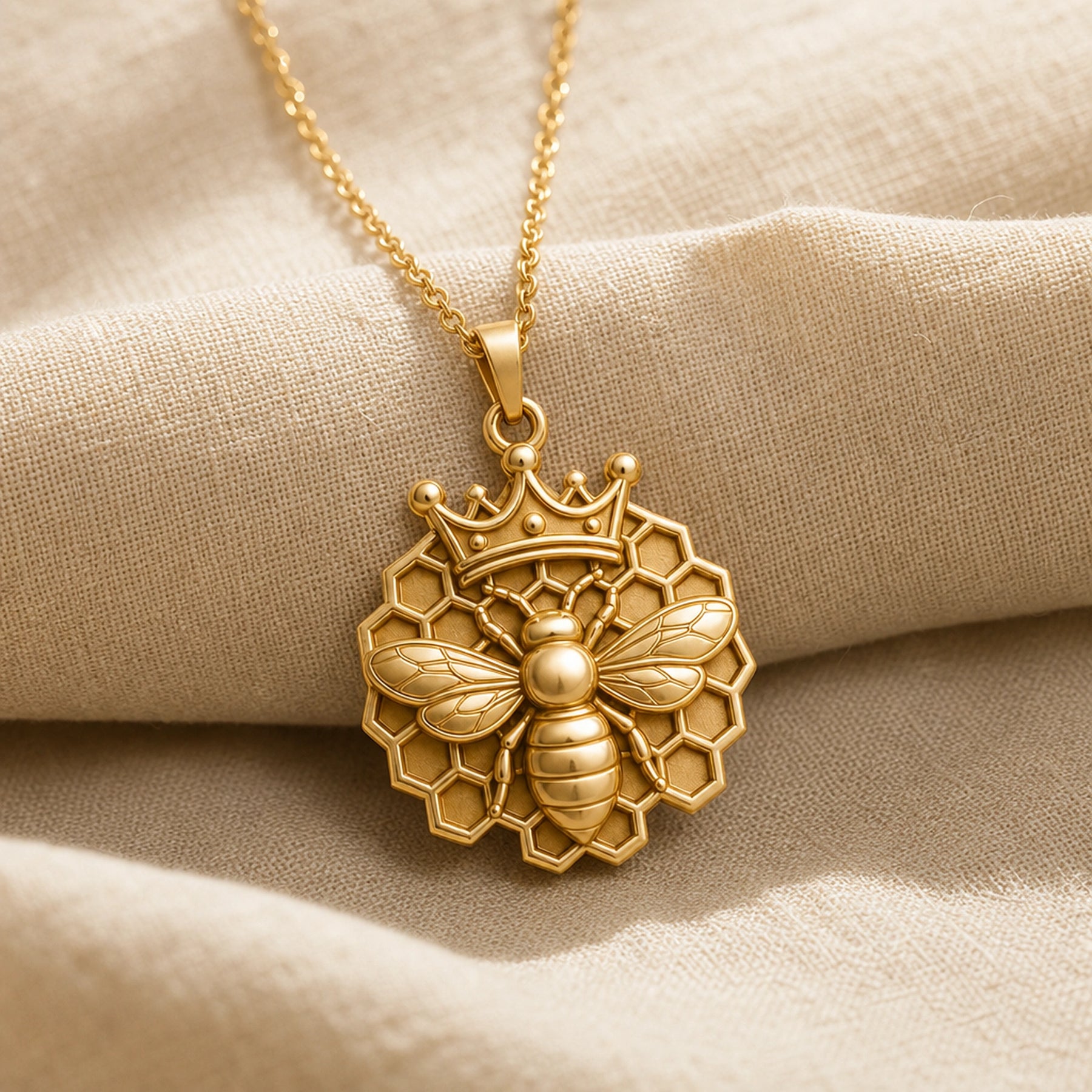 Crowned bee honeycomb pendant in 925 sterling silver, featuring a raised bee with textured wings, a sculpted crown, and open hexagonal honeycomb detailing. Gold finish.