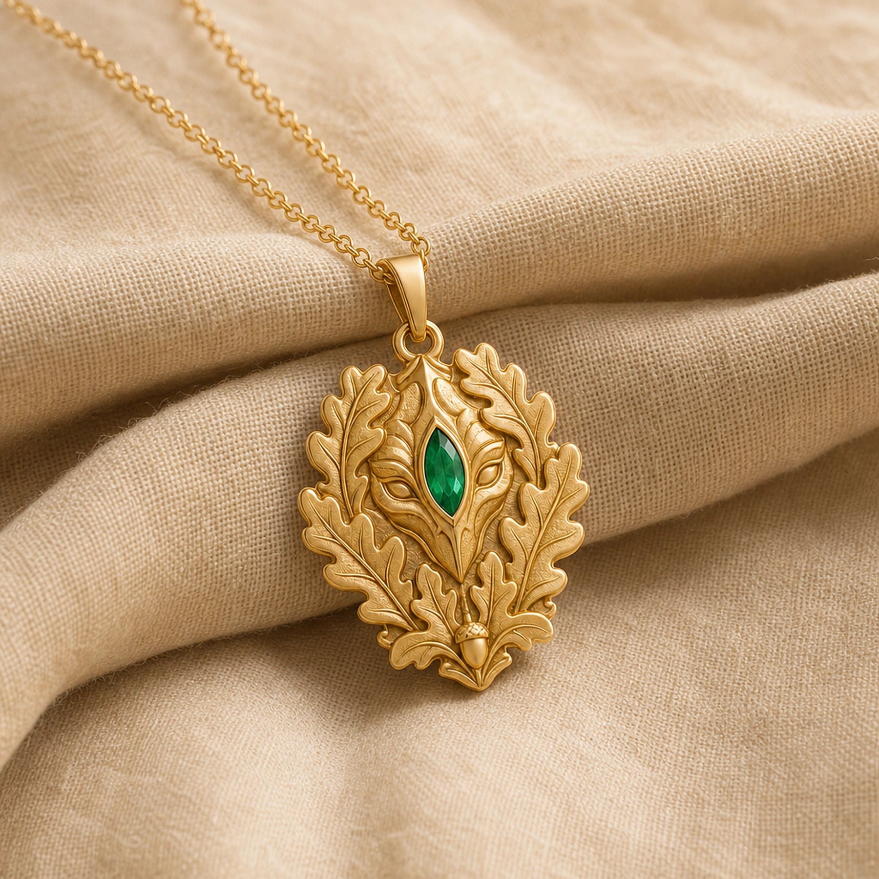 Marquise emerald oakleaf pendant with a vivid green stone set at the center of a sculpted guardian face, framed by raised oak leaves and an acorn detail. Gold finish.