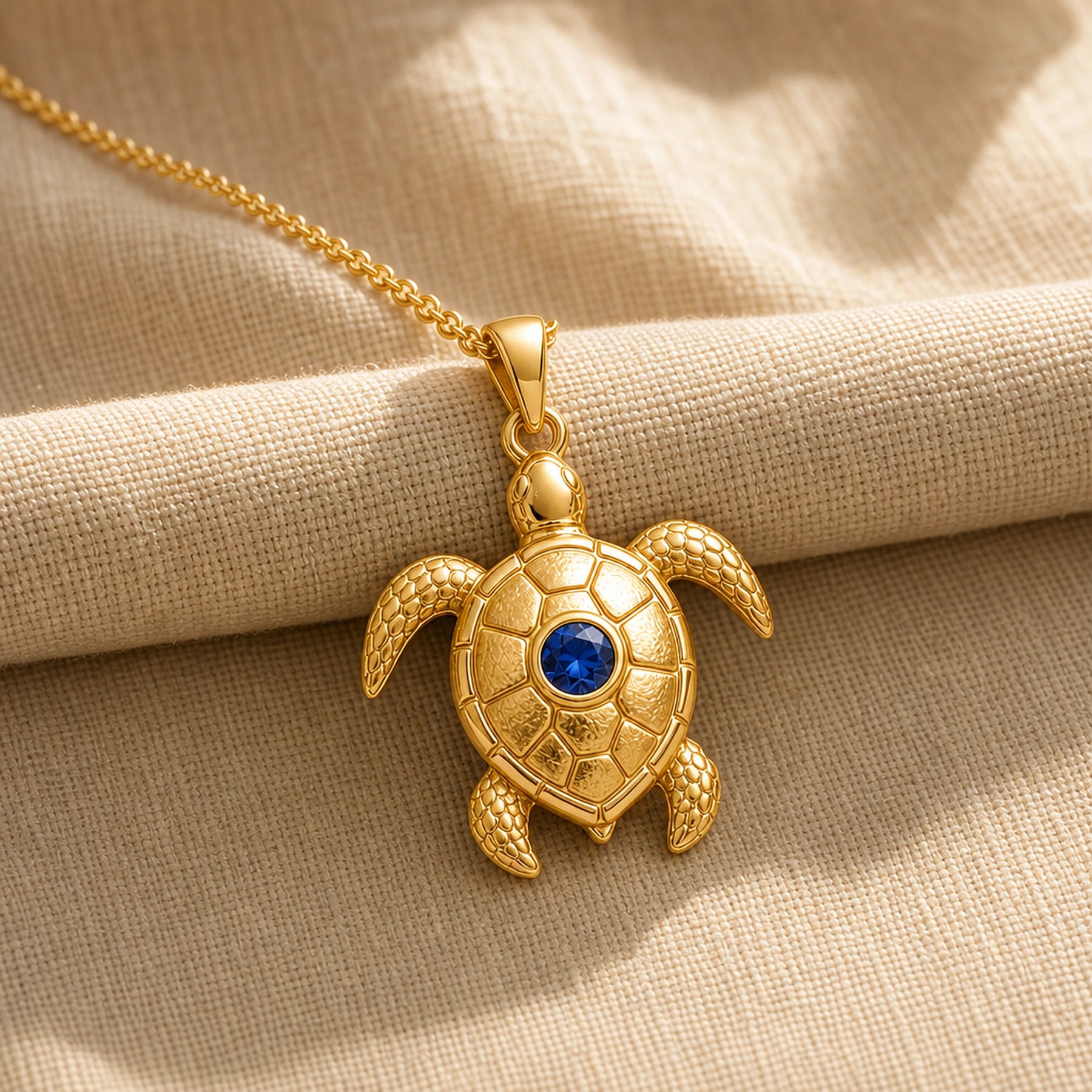 925 sterling silver sea turtle pendant with patterned shell plates, textured flippers and a round blue sapphire centerpiece. Gold finish.