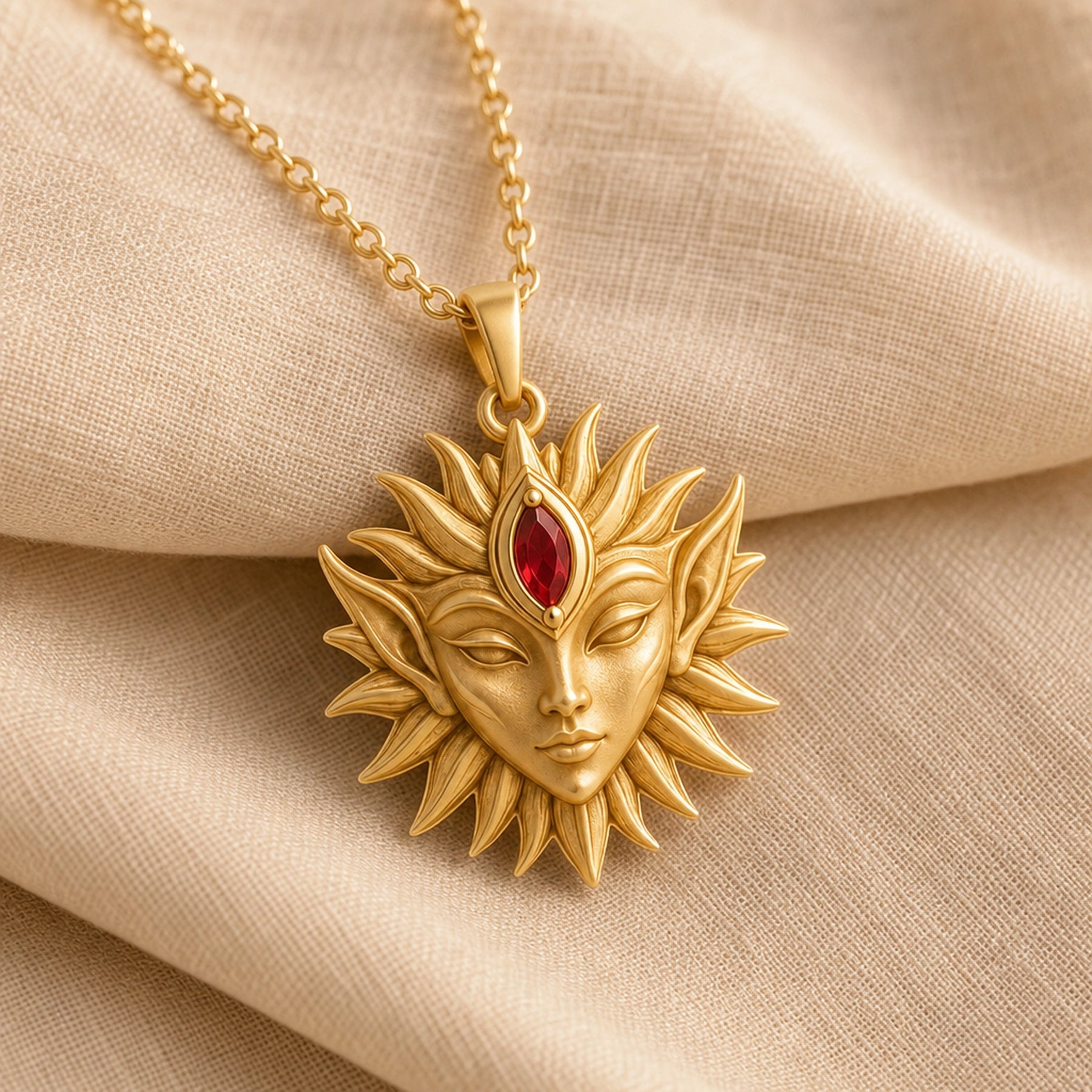 Marquise ruby sun elf pendant with a detailed sculpted elf face, radiating sun rays, and a deep red marquise stone set at the center of the forehead. Gold finish.