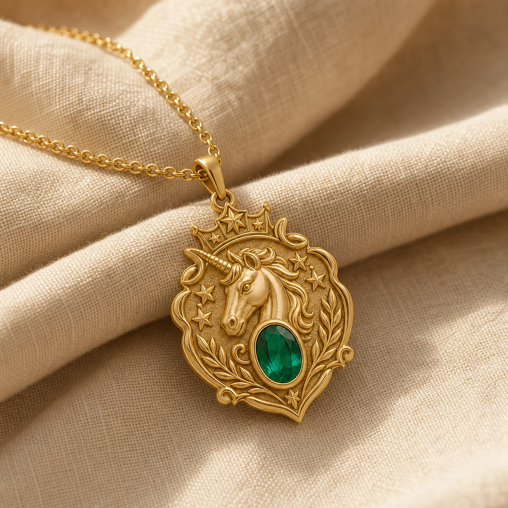 Emerald Unicorn Starcrest Pendant with a sculpted unicorn head, raised stars and leaf details, and an oval faceted green emerald in a framed center setting. Gold finish.