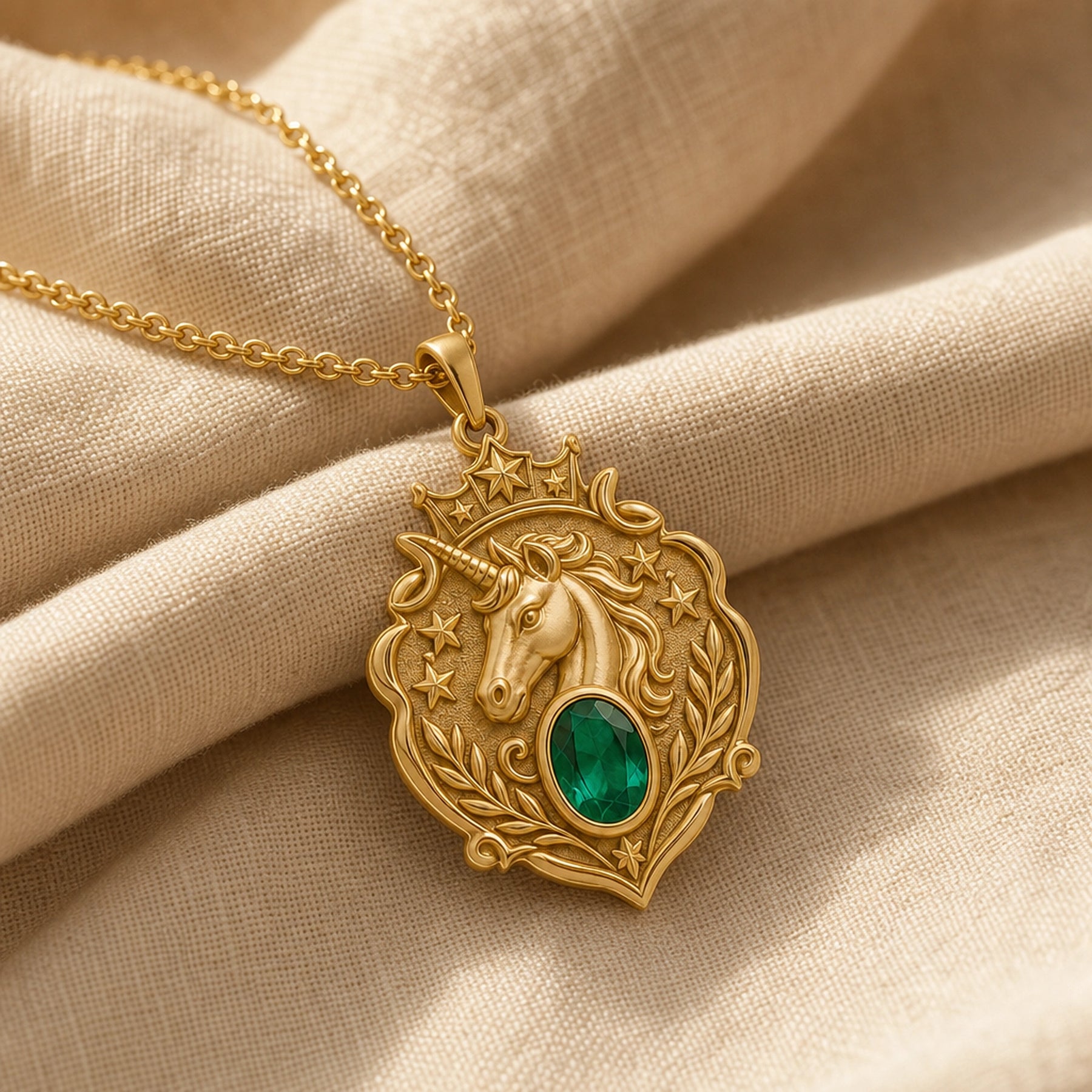 Emerald Unicorn Starcrest Pendant with a sculpted unicorn head, raised stars and leaf details, and an oval faceted green emerald in a framed center setting. Gold finish.