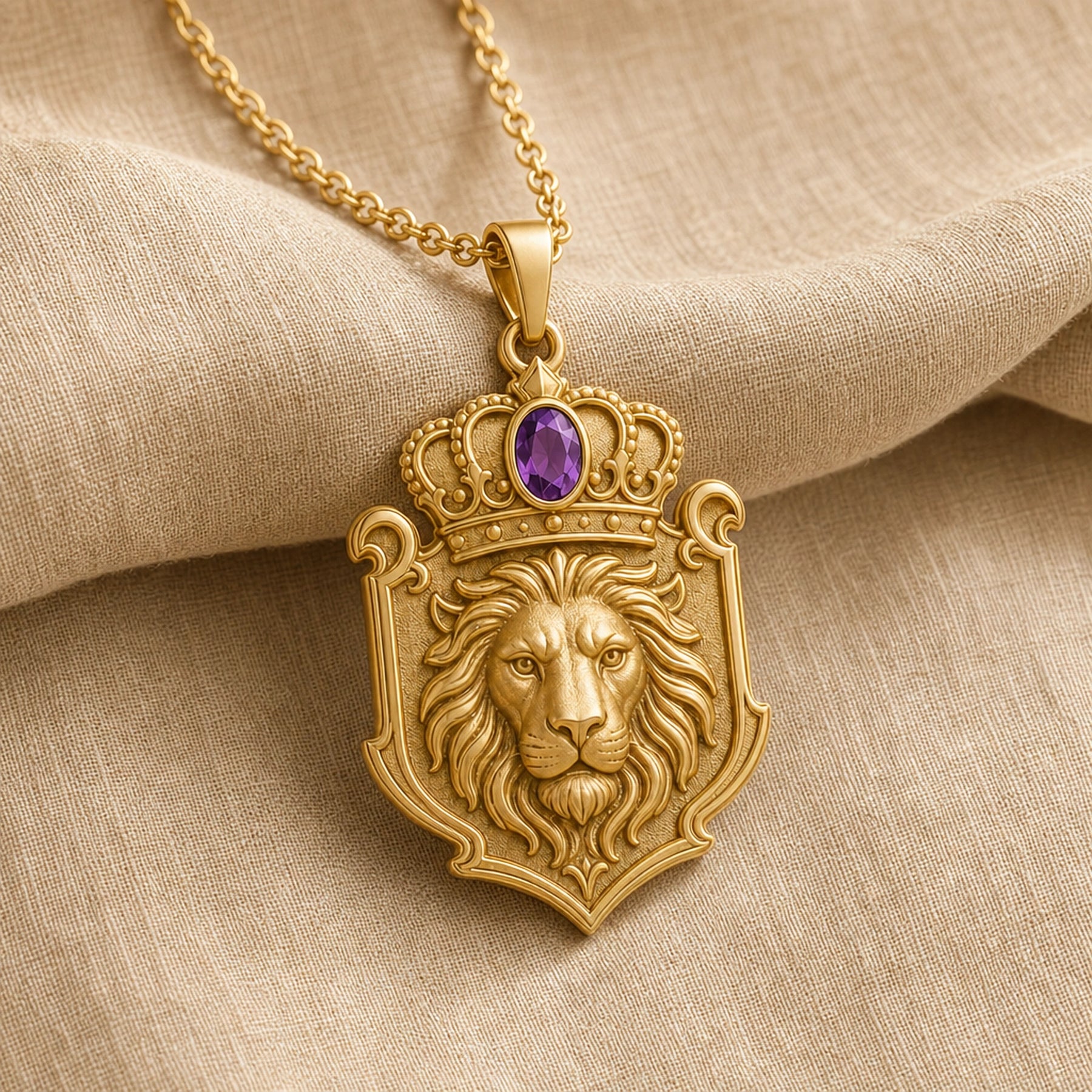 Amethyst crown lion crest pendant with a detailed lion head in a shield-shaped relief, ornate crown scrollwork, and an oval purple amethyst stone in a framed setting. Gold finish.
