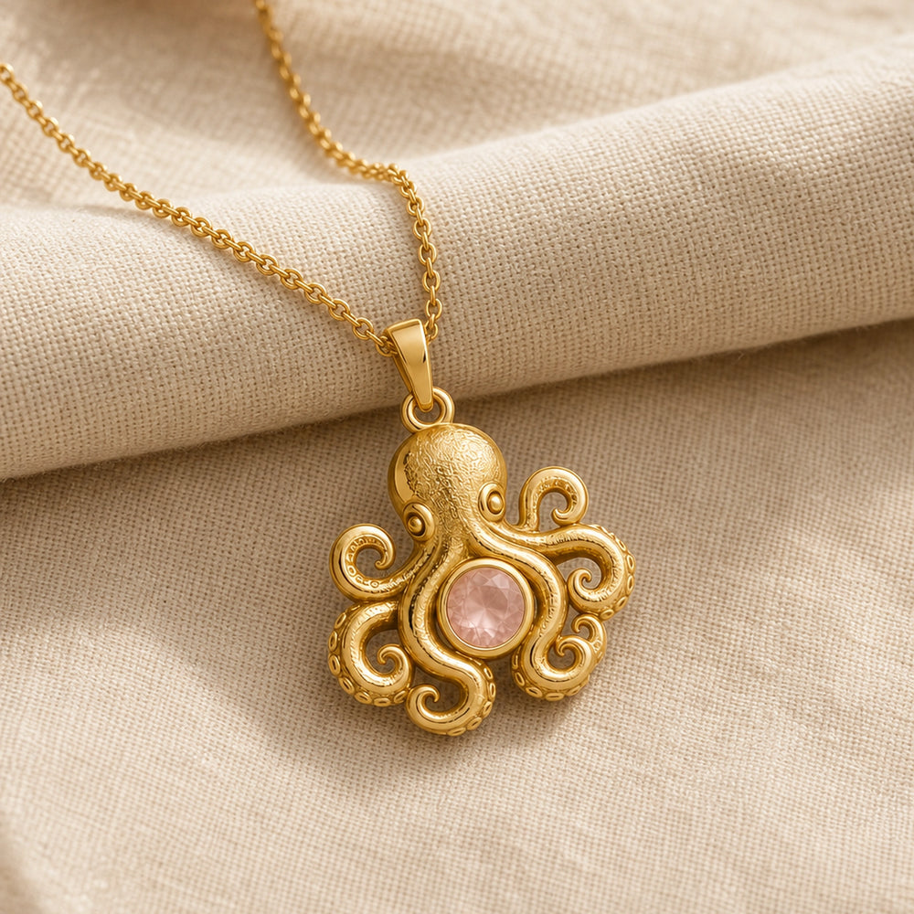 Rose quartz octopus pendant with a round pale pink stone in a smooth bezel setting, textured octopus head, curled tentacles, and ornate raised marine details. Gold finish.