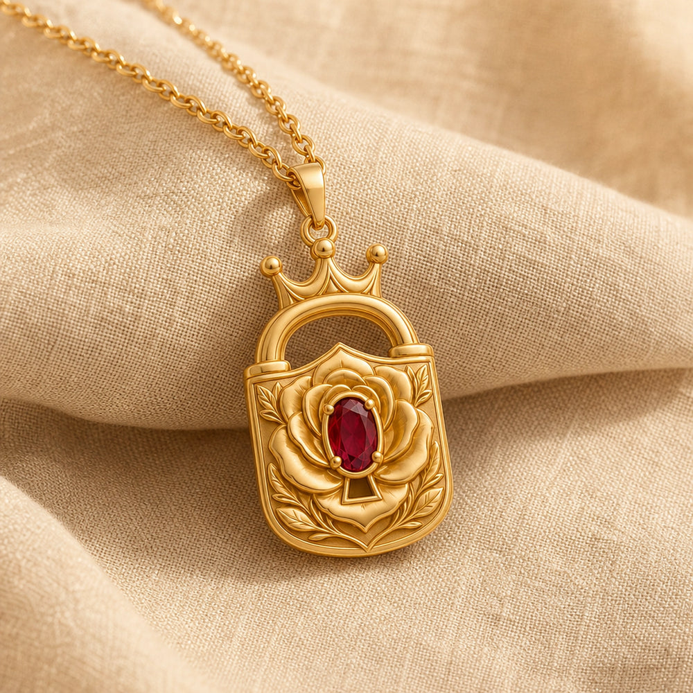 Ruby rose lock crown pendant with a deep red oval ruby in a prong setting, raised floral petals, engraved leaves, and an ornate crowned padlock design. Gold finish.