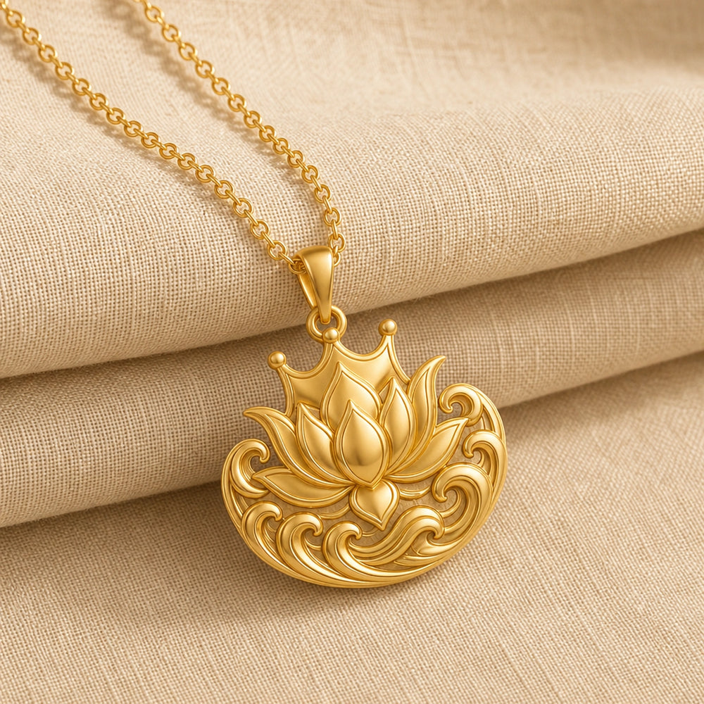 Royal Lotus Tidecrown pendant with a raised lotus bloom, crown-like arches, and detailed wave scrollwork in a polished stone-free 925 sterling silver design. Gold finish.