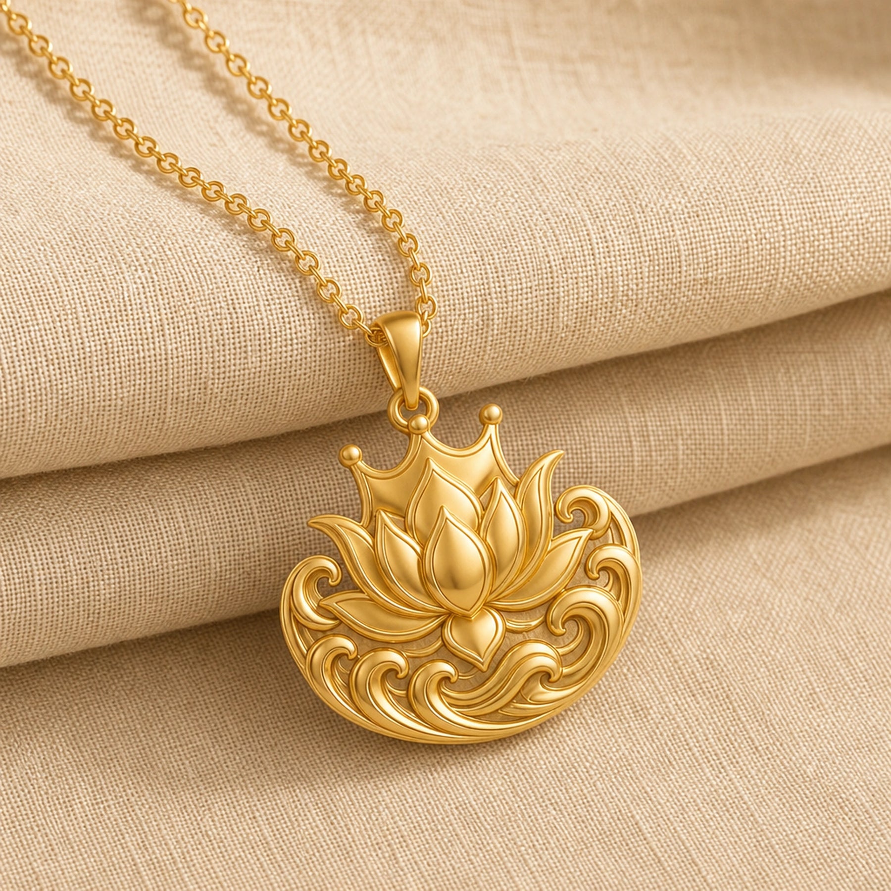 Royal Lotus Tidecrown pendant with a raised lotus bloom, crown-like arches, and detailed wave scrollwork in a polished stone-free 925 sterling silver design. Gold finish.