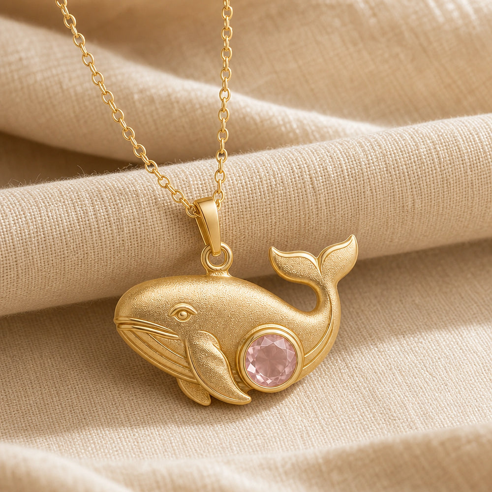 925 sterling silver whale pendant with sculpted fins, lifted tail and a round pale pink rose quartz centerpiece. Gold finish.