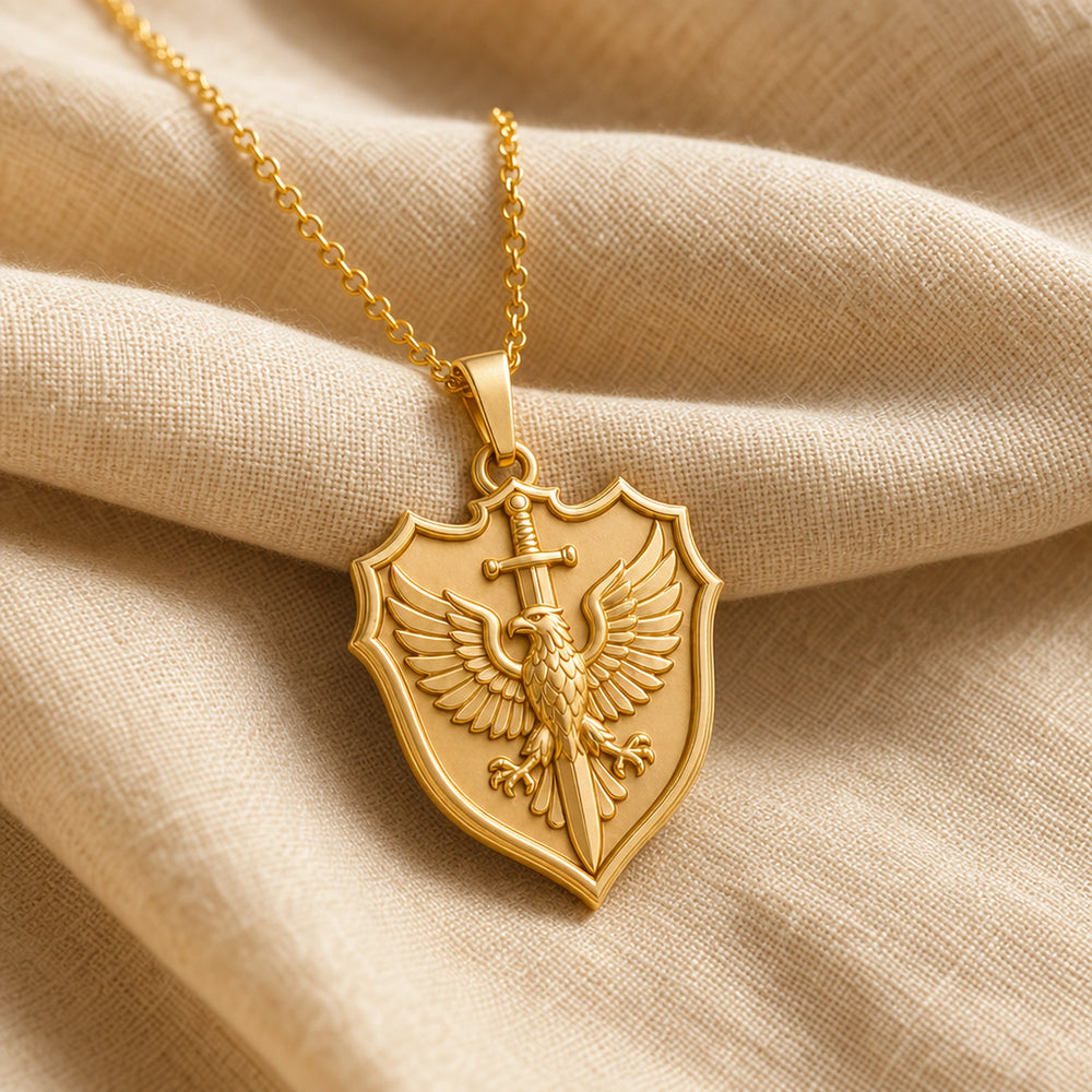 Heraldic eagle swordcrest pendant with a raised winged eagle, vertical sword, pointed shield frame, and detailed feather relief on a warm-toned cable chain. Gold finish.