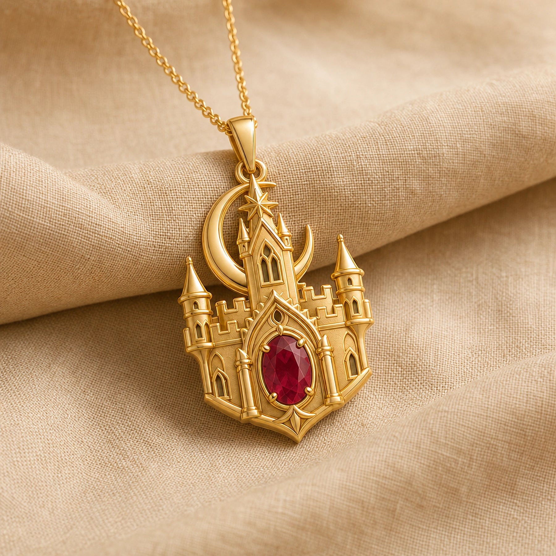 Ruby Moonspire Castle Pendant in 925 sterling silver with detailed pointed towers, arched windows, a crescent moon, star accent, and oval deep red ruby-colored stone in a prong setting. Gold finish.