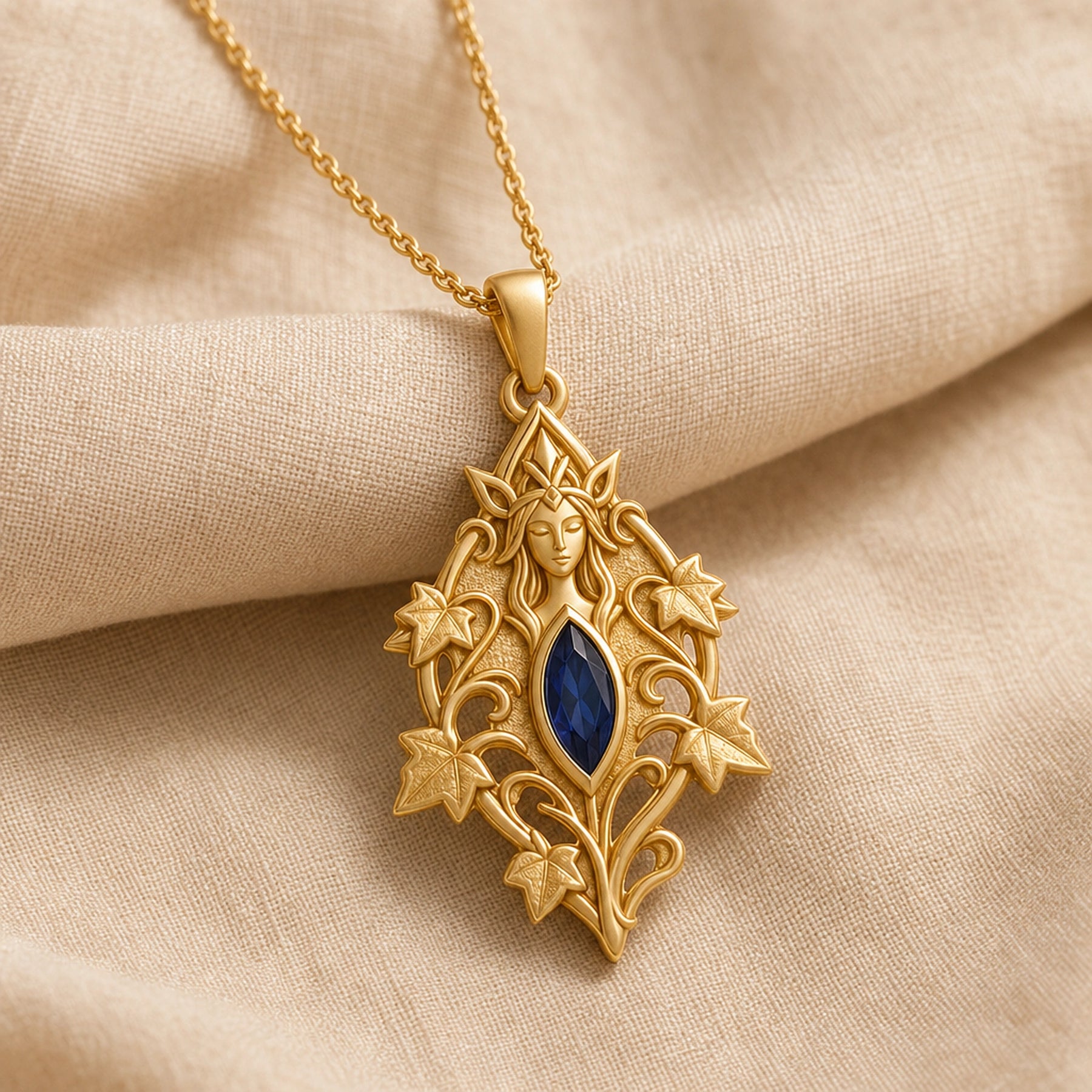 Sapphire ivy elven princess pendant with a deep blue marquise-shaped stone in a framed setting, surrounded by raised ivy leaves, curling vines, and detailed fantasy relief. Gold finish.