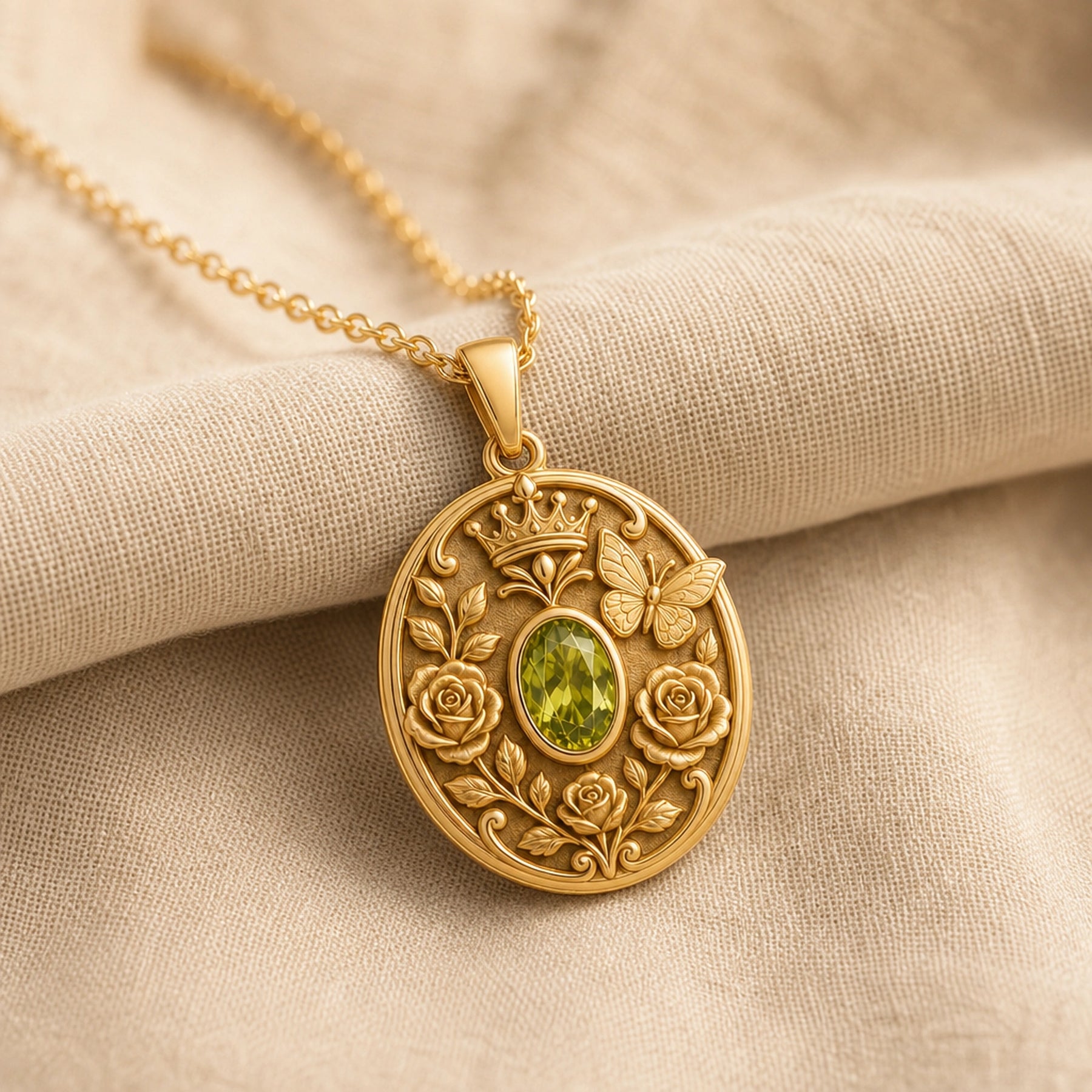 Oval peridot butterfly pendant in 925 sterling silver with a faceted green stone, raised roses, leafy vines, crown detail, and a sculpted butterfly. Gold finish.