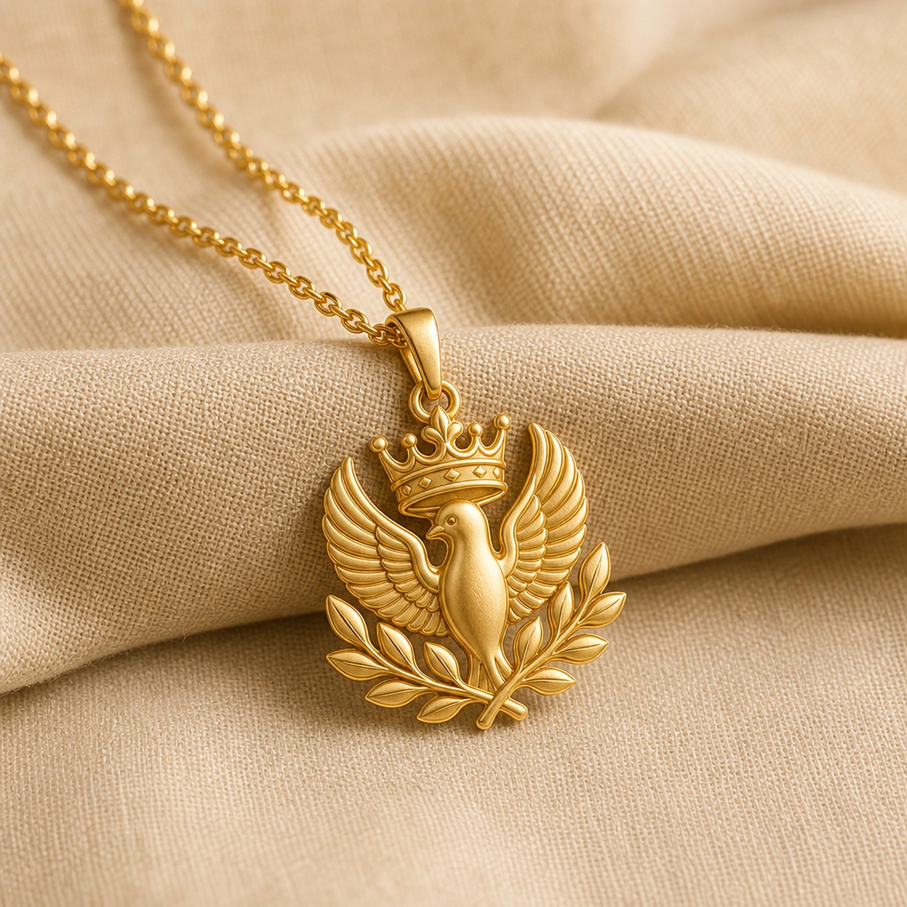 Regal olive dove crown pendant in 925 sterling silver, showing a raised dove with spread feathered wings, a detailed crown above, and crossed olive branches below without a gemstone setting. Gold finish.