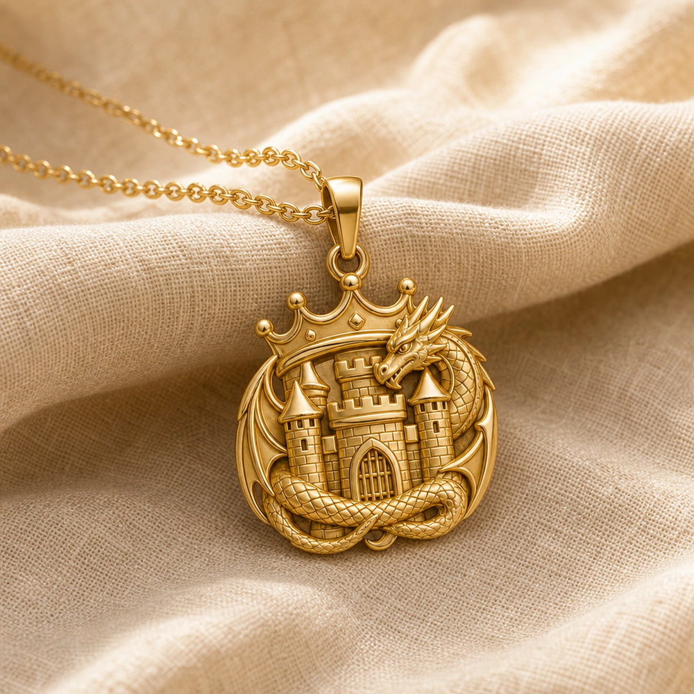 Dragonkeep crown pendant in 925 sterling silver with a detailed crowned castle, arched gate, scaled dragon wrapped around the design, wings, horns, and raised medieval relief. Gold finish.