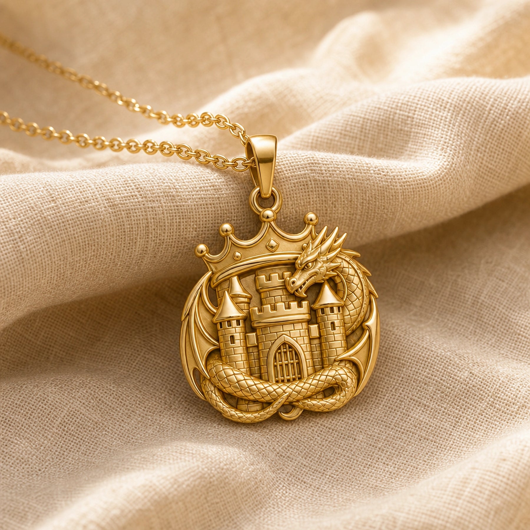 Dragonkeep crown pendant in 925 sterling silver with a detailed crowned castle, arched gate, scaled dragon wrapped around the design, wings, horns, and raised medieval relief. Gold finish.