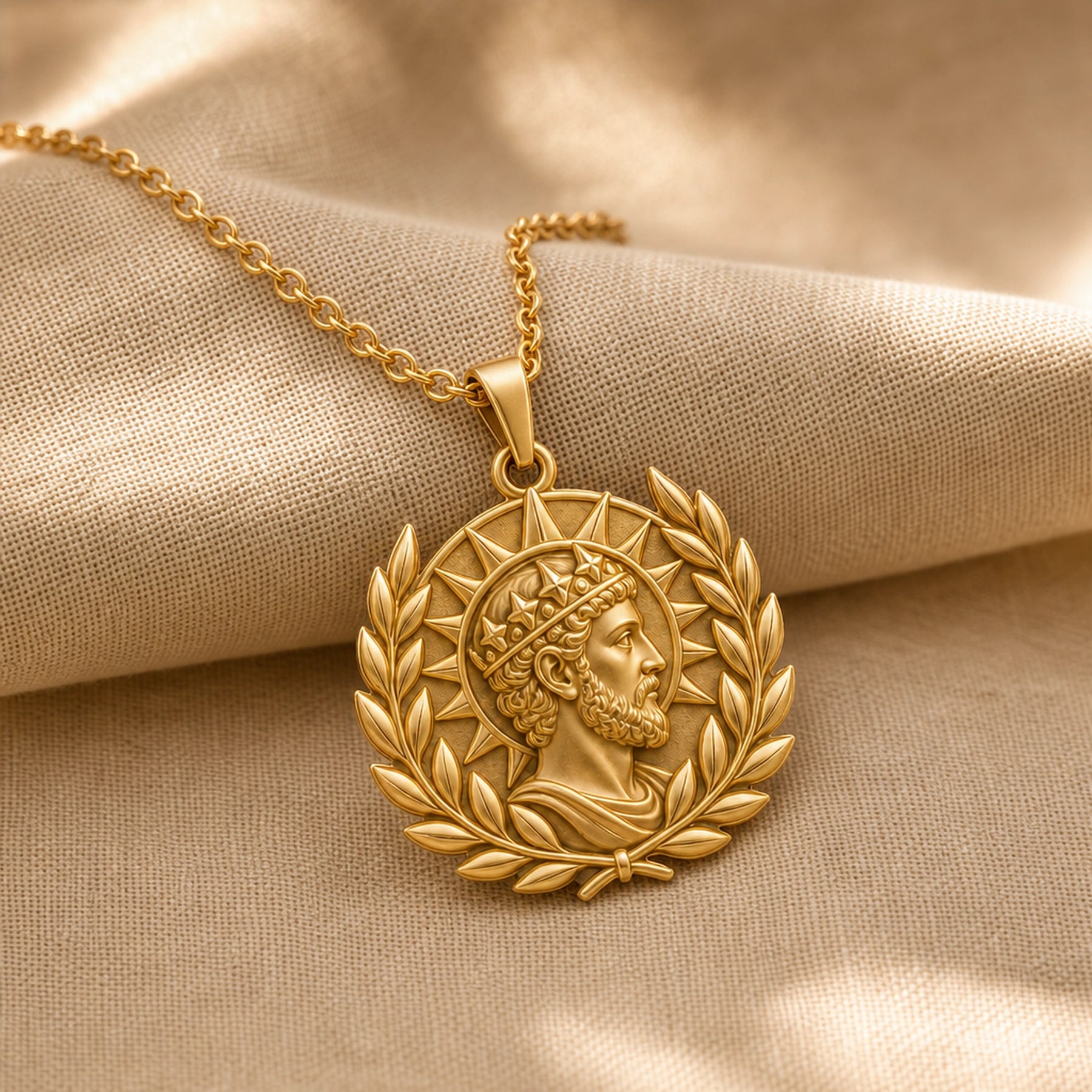 Handcrafted 925 sterling silver augustan sun laurel king portrait pendant shown as a detailed pendant necklace. Gold finish.