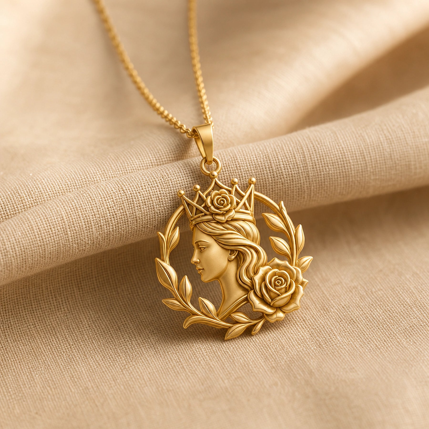 Handcrafted 925 sterling silver queen portrait tema rose crown shown as a detailed pendant necklace. Gold finish.