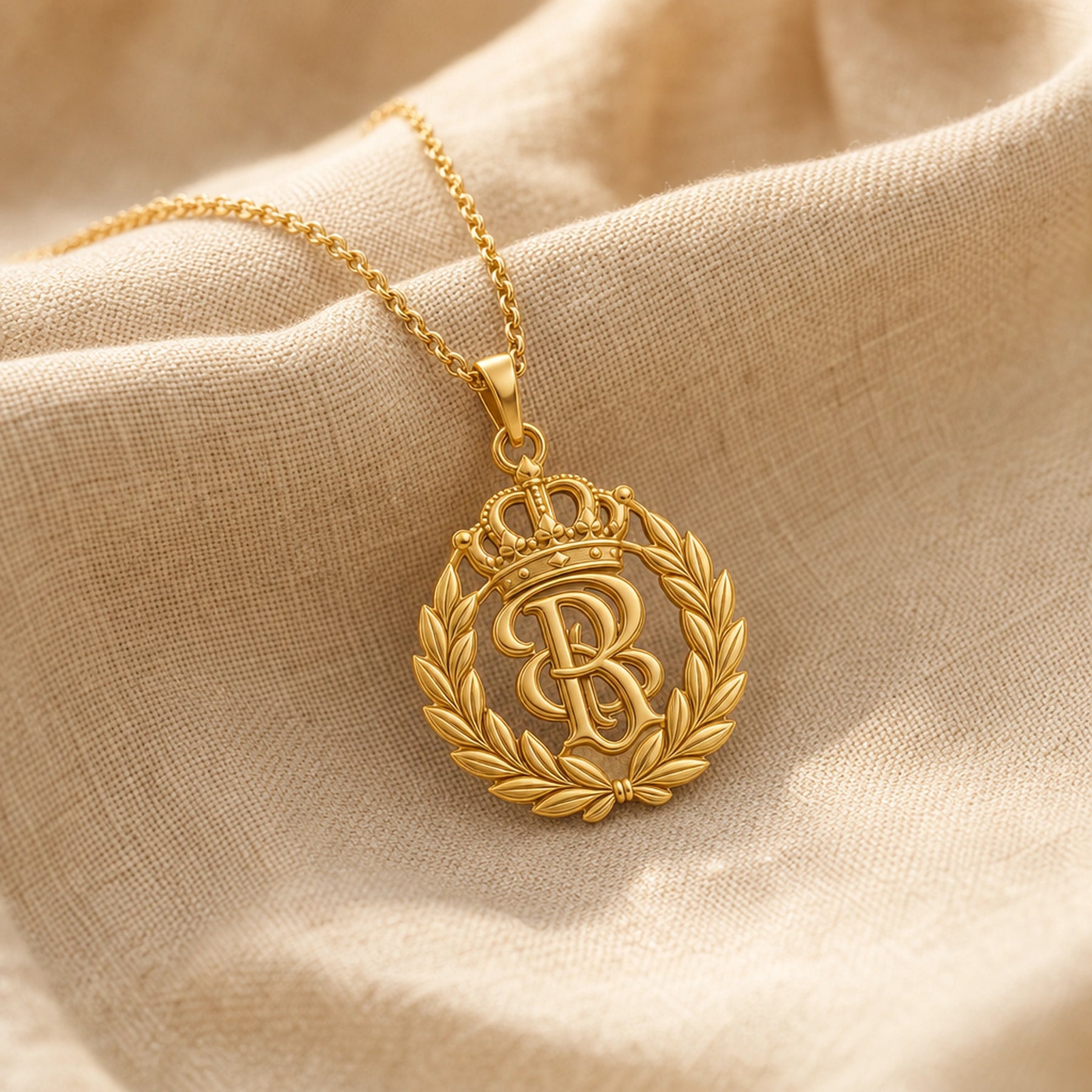 Handcrafted 925 sterling silver sovereign laurel crown monogram pendant shown as a detailed pendant necklace. Gold finish.