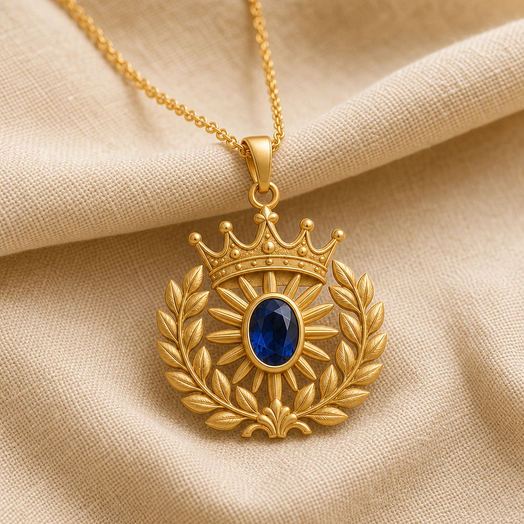 Sapphire laurel crown pendant with an oval deep blue sapphire in a raised setting, radiating sun rays, textured crown, and sculpted laurel wreath details. Gold finish.