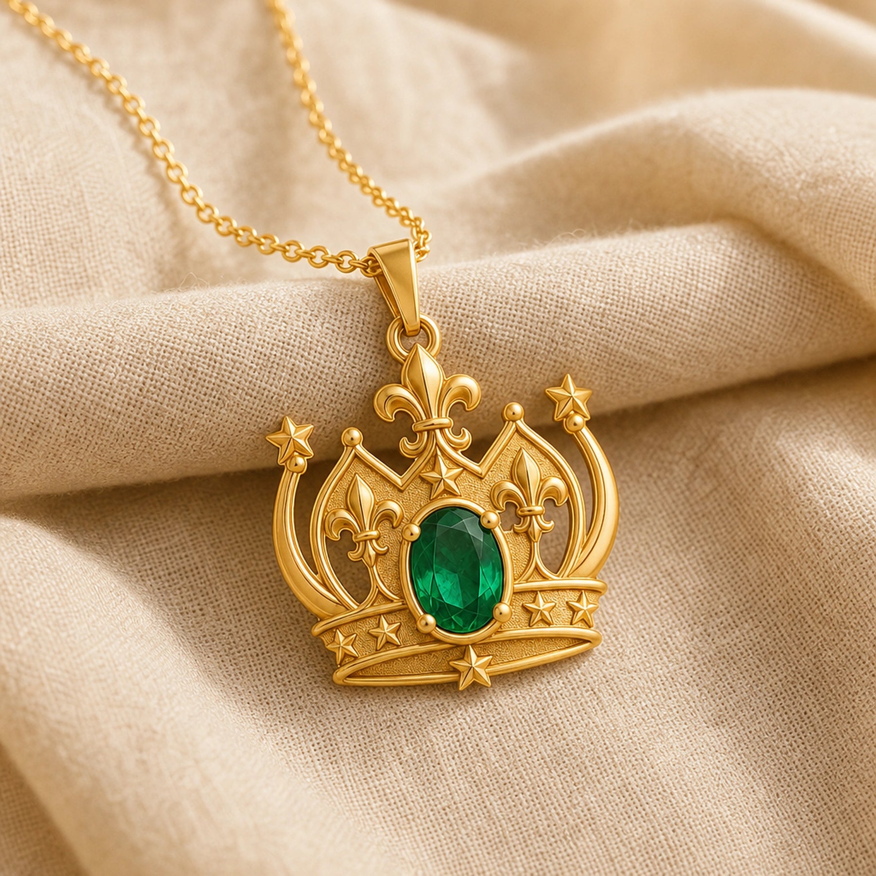 Emerald fleur-de-lis crown pendant with an oval green center stone in a raised prong setting, detailed star accents, sculpted crown arches, and ornate openwork metalwork. Gold finish.