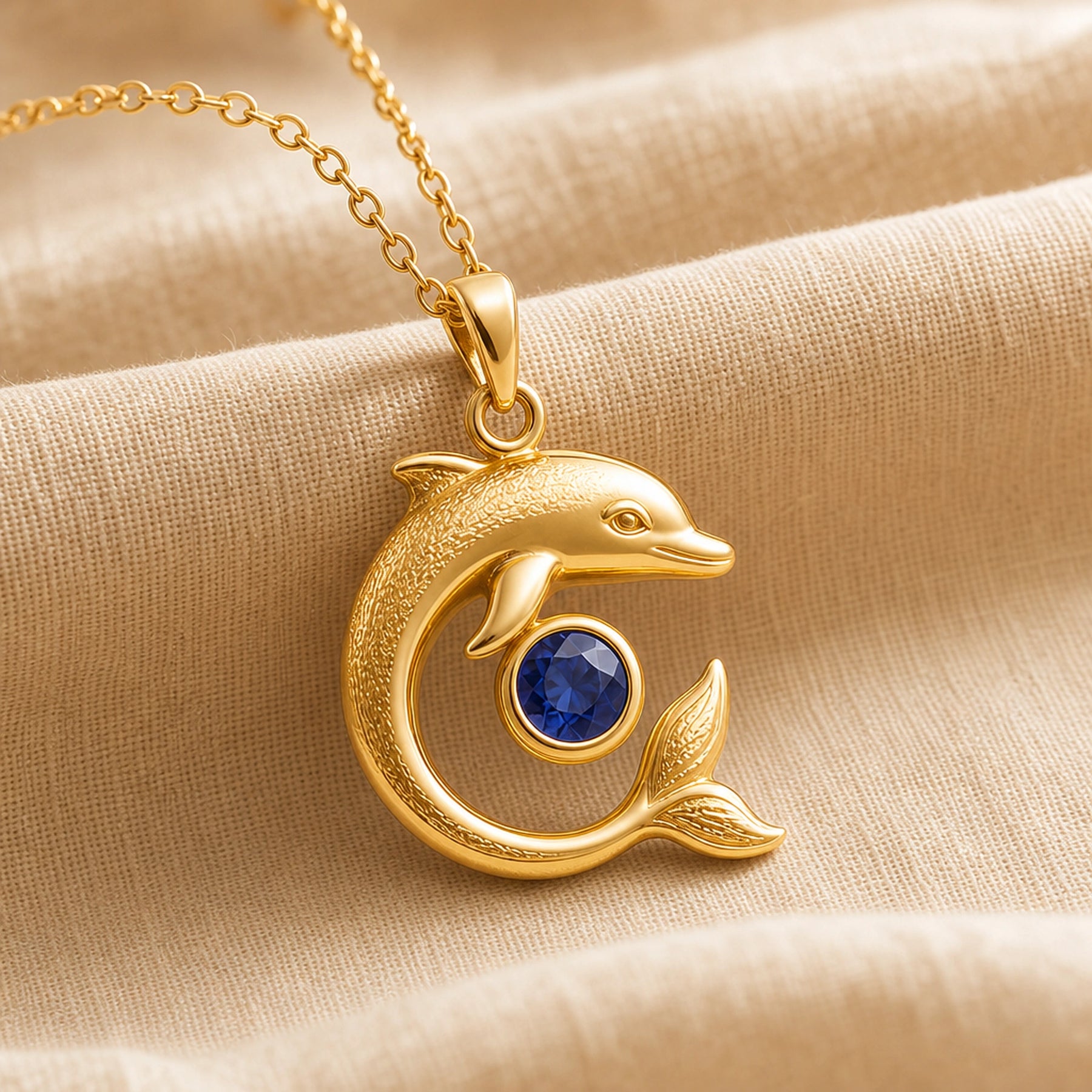 925 sterling silver dolphin pendant in a curved swimming pose around a round blue sapphire centerpiece. Gold finish.